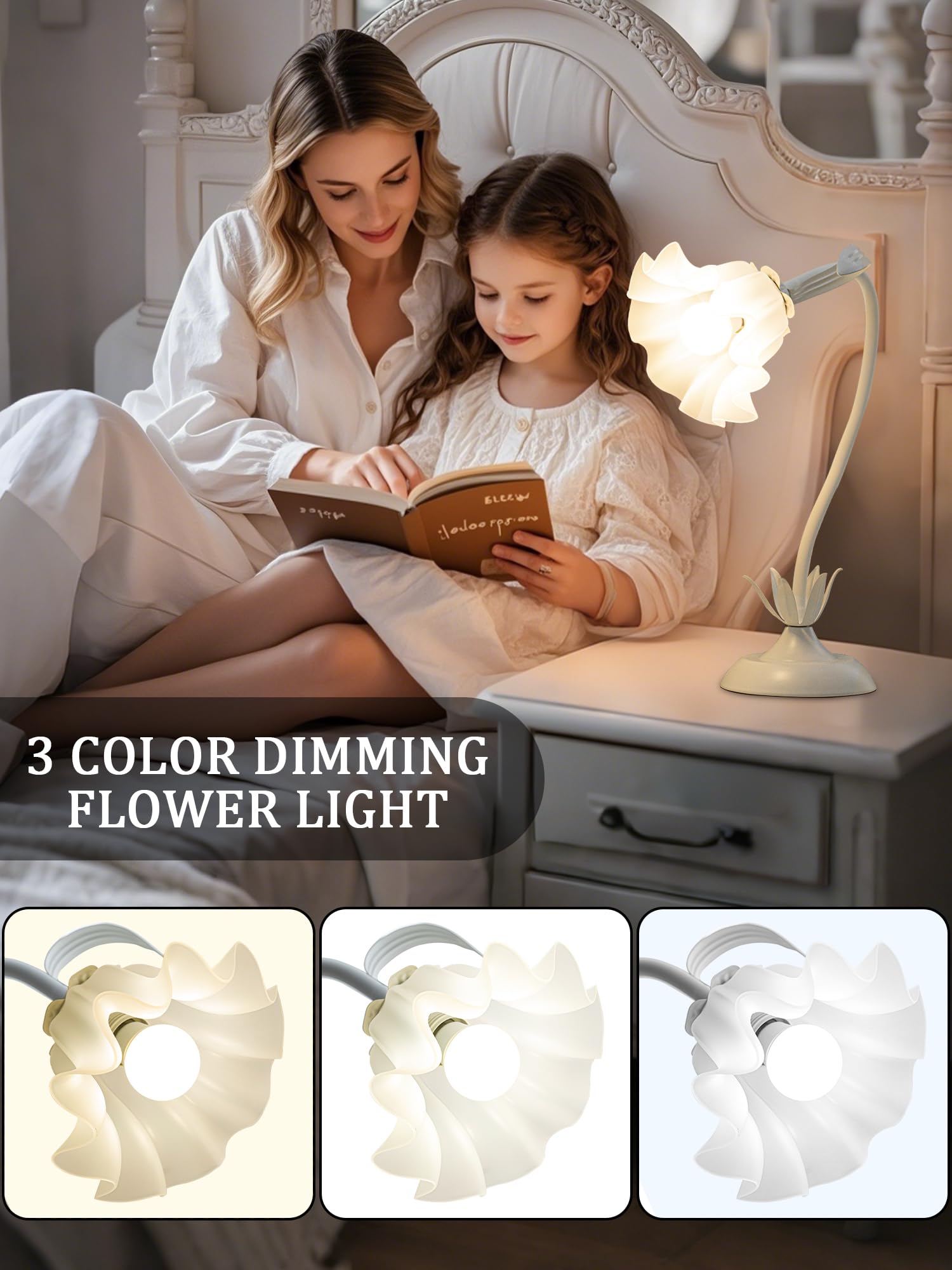Vintage Flower LED Table Lamp â€?Kawaii Bedside Reading Light with 3 Color Modes