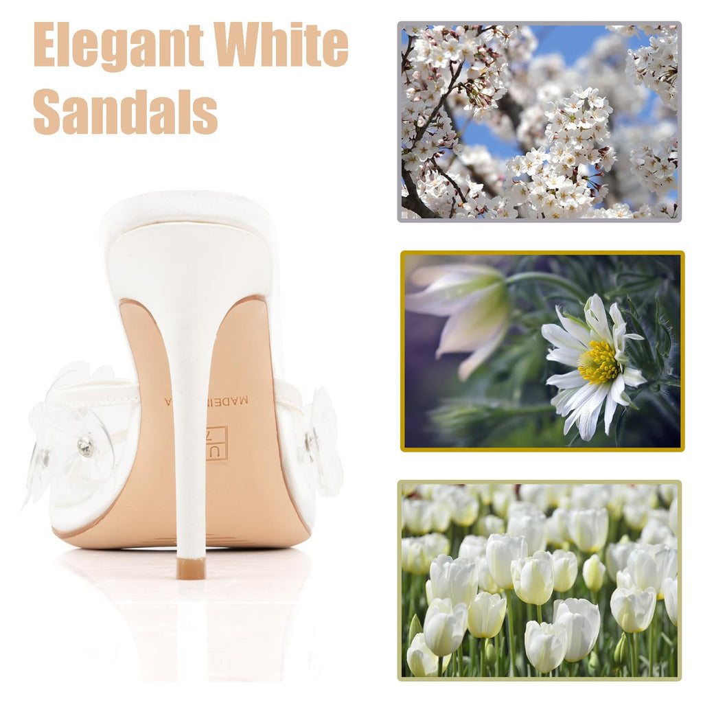 Womens Clear Round Toe Heels Stiletto Sandals Pink Strap High Heeled Mules Cute Crystal Flower Slip on Slippers