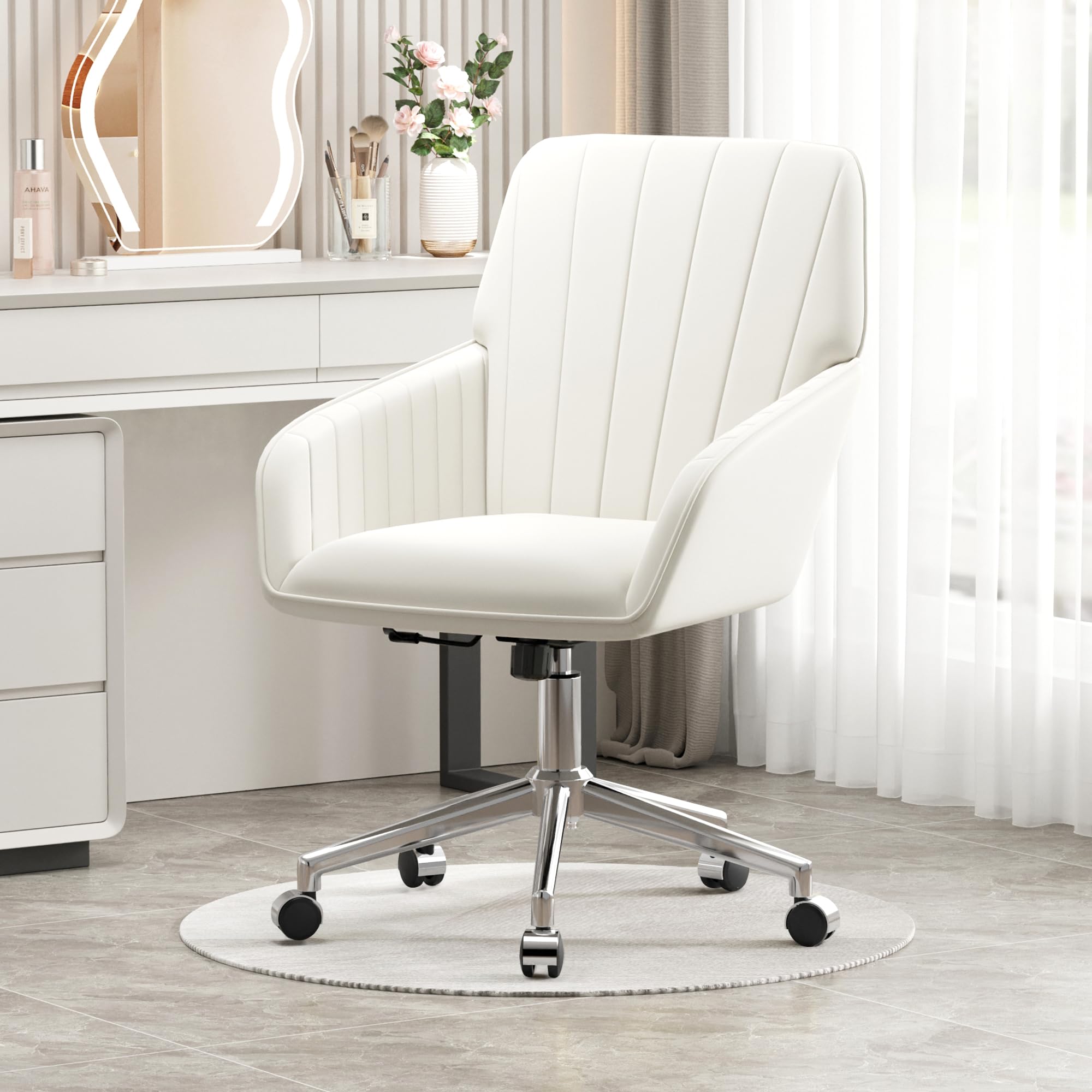 Velvet Modern Cute Chair with Back, Height Adjustable Upholstered Vanity Chair with Swivel Wheels