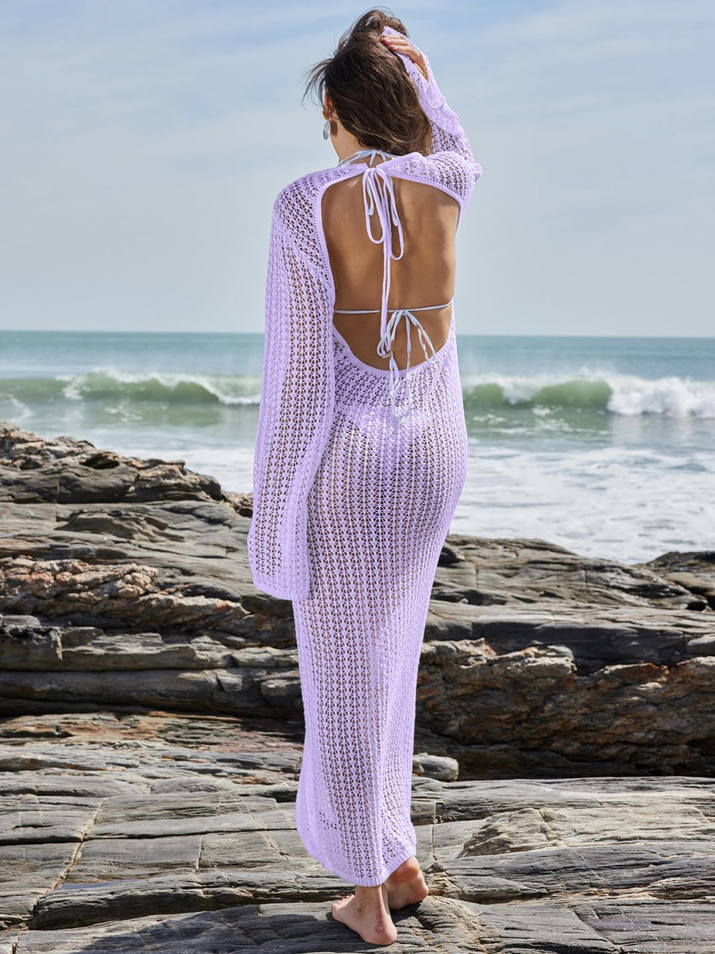 Women's Knitted Swimsuit Cover Up 3D Floral Hollow Out Open Back Tie-Up Maxi Dress Beachwear Coverup Dresses