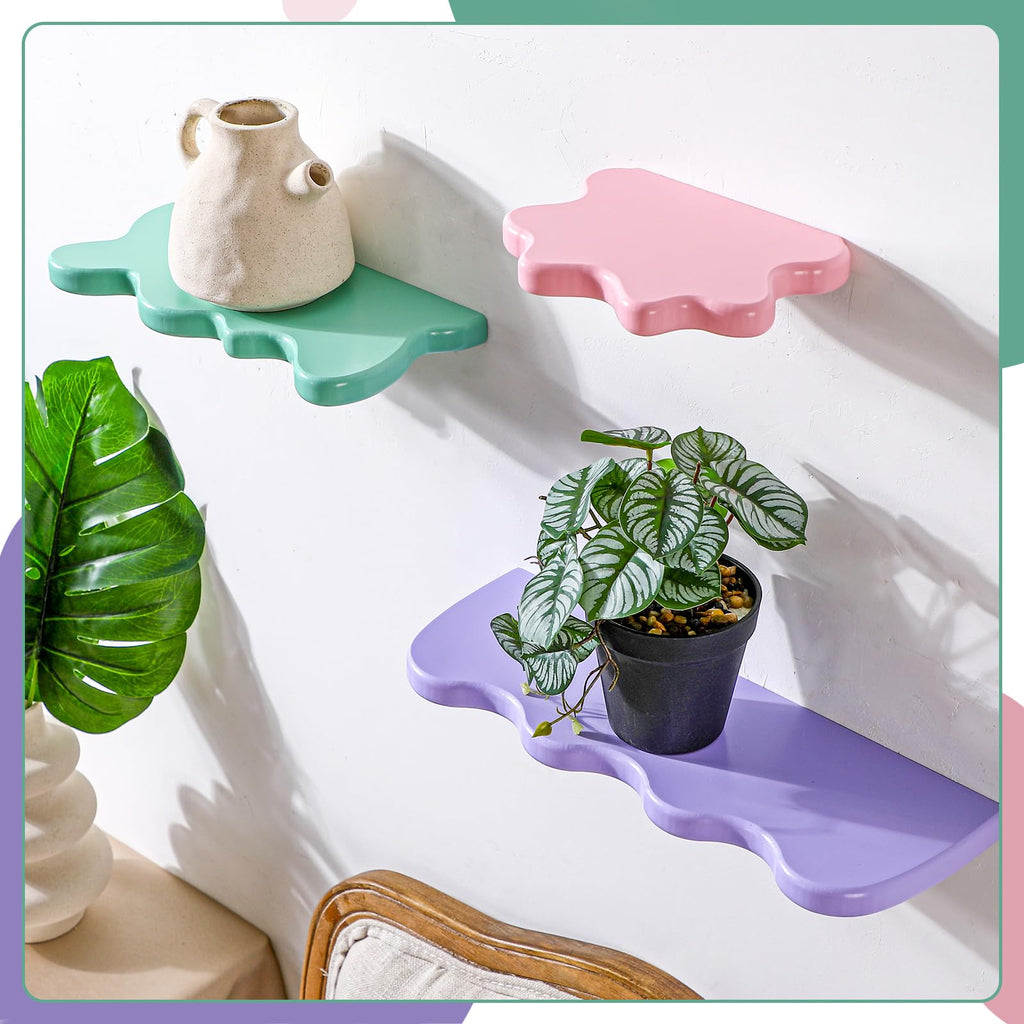 Set of 3 Wavy Cloud Floating Shelves â€?Funky Kawaii Danish Wall Decor for Bedroom & Bathroom (Pink, Green, Purple)