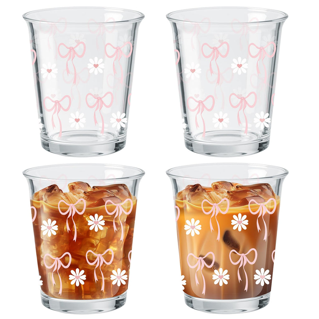 Coquette Bow Glass Cups Pink Bow Aesthetic Drinking Glasses 4 Pcs 8oz