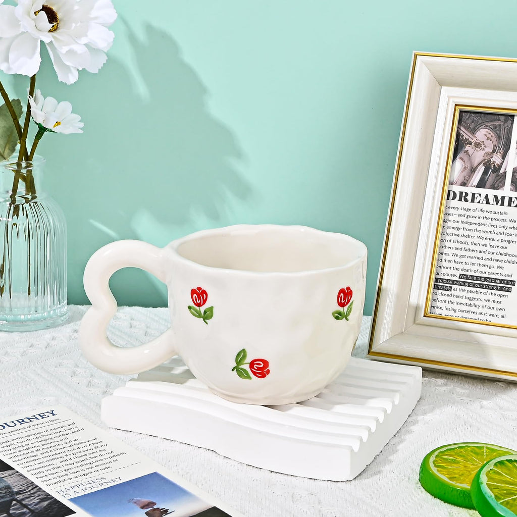 Ribbon Bow Ceramic Mug, Cute Creative Heart Handle Mug Design, 10.5 oz/300 ml