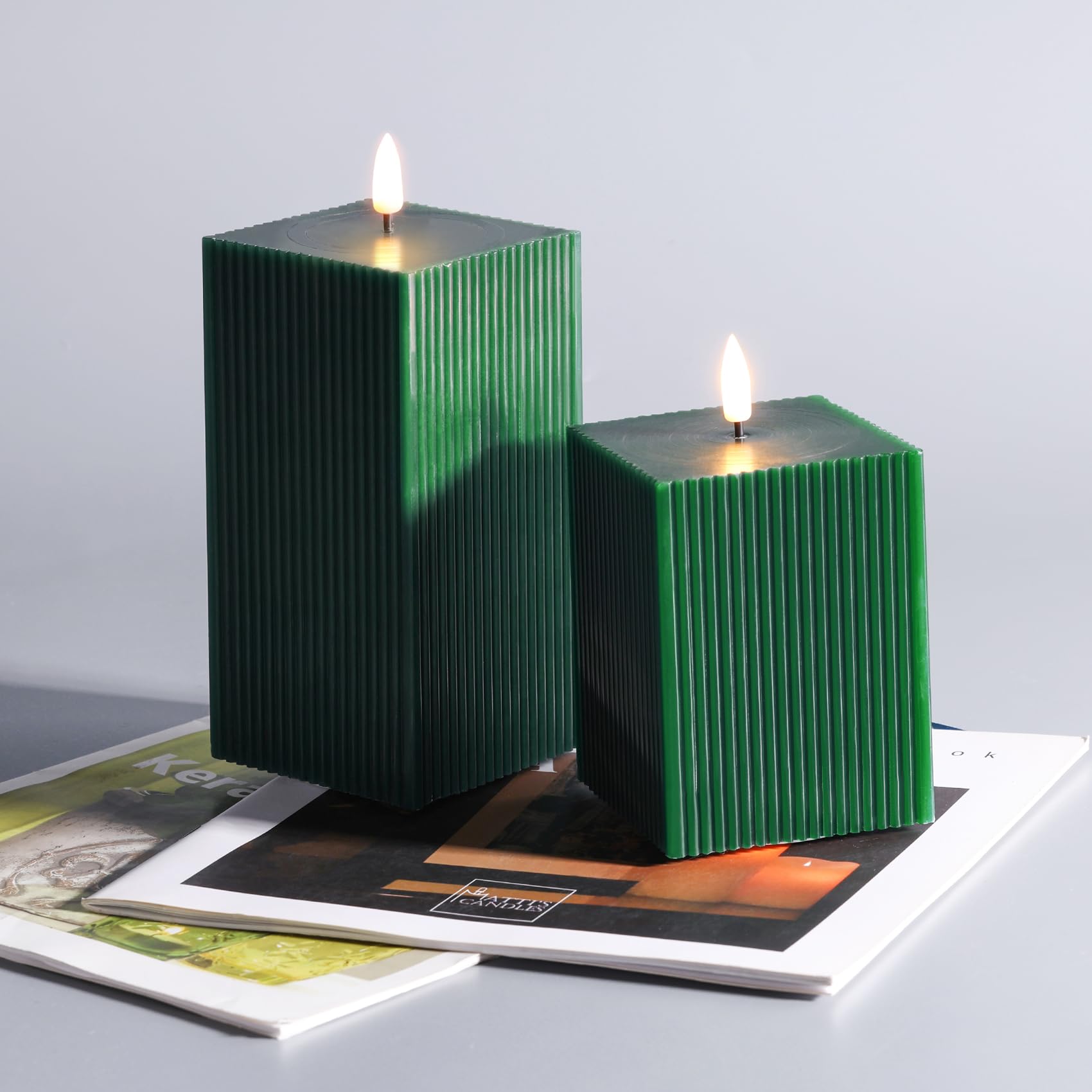 Square Ribbed Flameless Candles with Remote, Flickering Real Wax Battery LED Candles 3" H 4" 6"