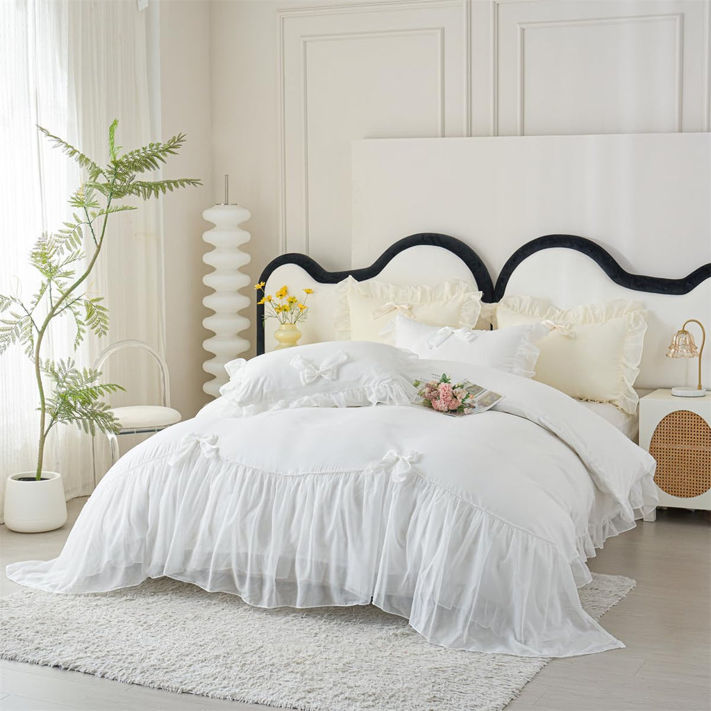 Ruffle Duvet Cover Bedding Set with Bowtie, 2 Pieces Comforter Cover Set with Zipper Closure with Pillowcase