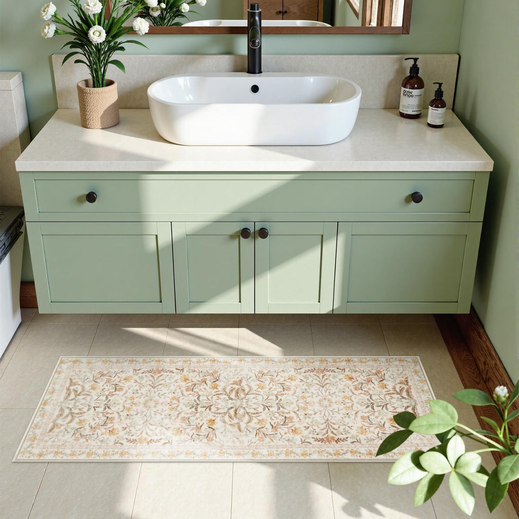 New Boho Floral Bath Rugs, Non Slip Washable Bathroom Rugs Fit Under Door, Ultra Soft and Absorbent Bath Mat