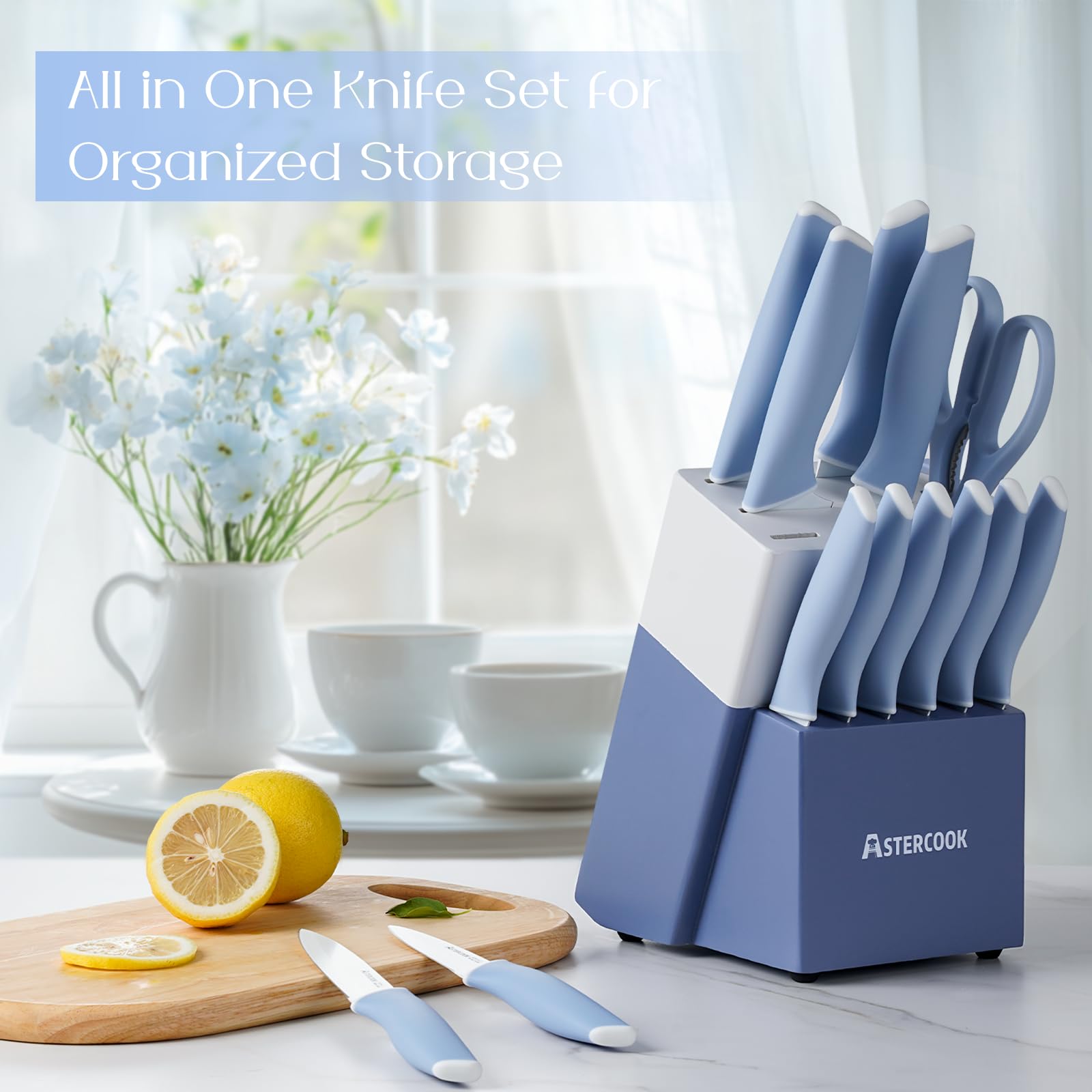 Colorful Kitchen Knives Set with Block and Sharpener Ceramic Coating 15 Pcs German Stainless Steel Knives Sharp Blade Dishwasher Safe Knife Block Set with Ergonomic Handle