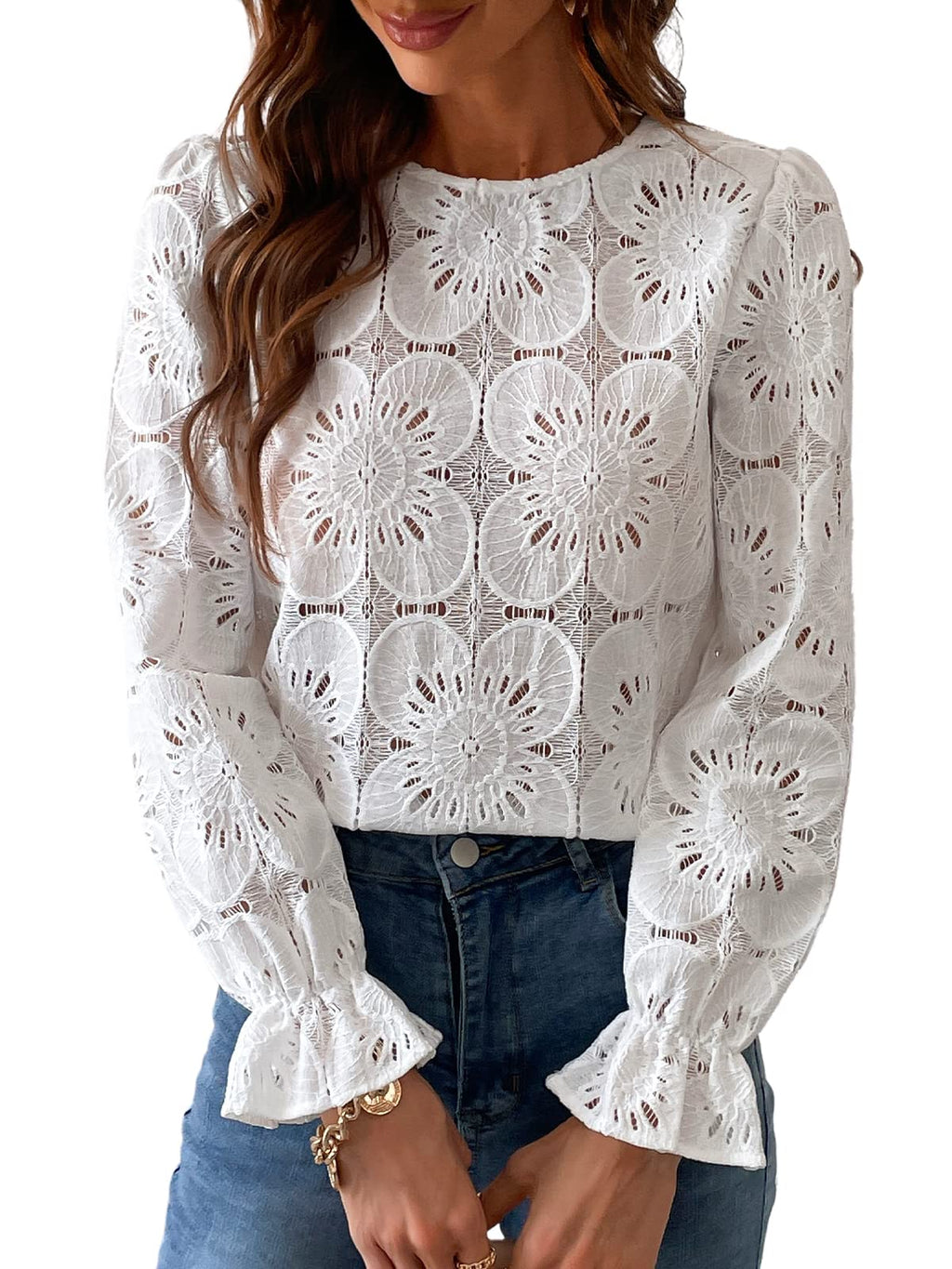 Women Eyelet Long Sleeve - Dressy Hollow Out Crochet Lace Embroidered Blouse