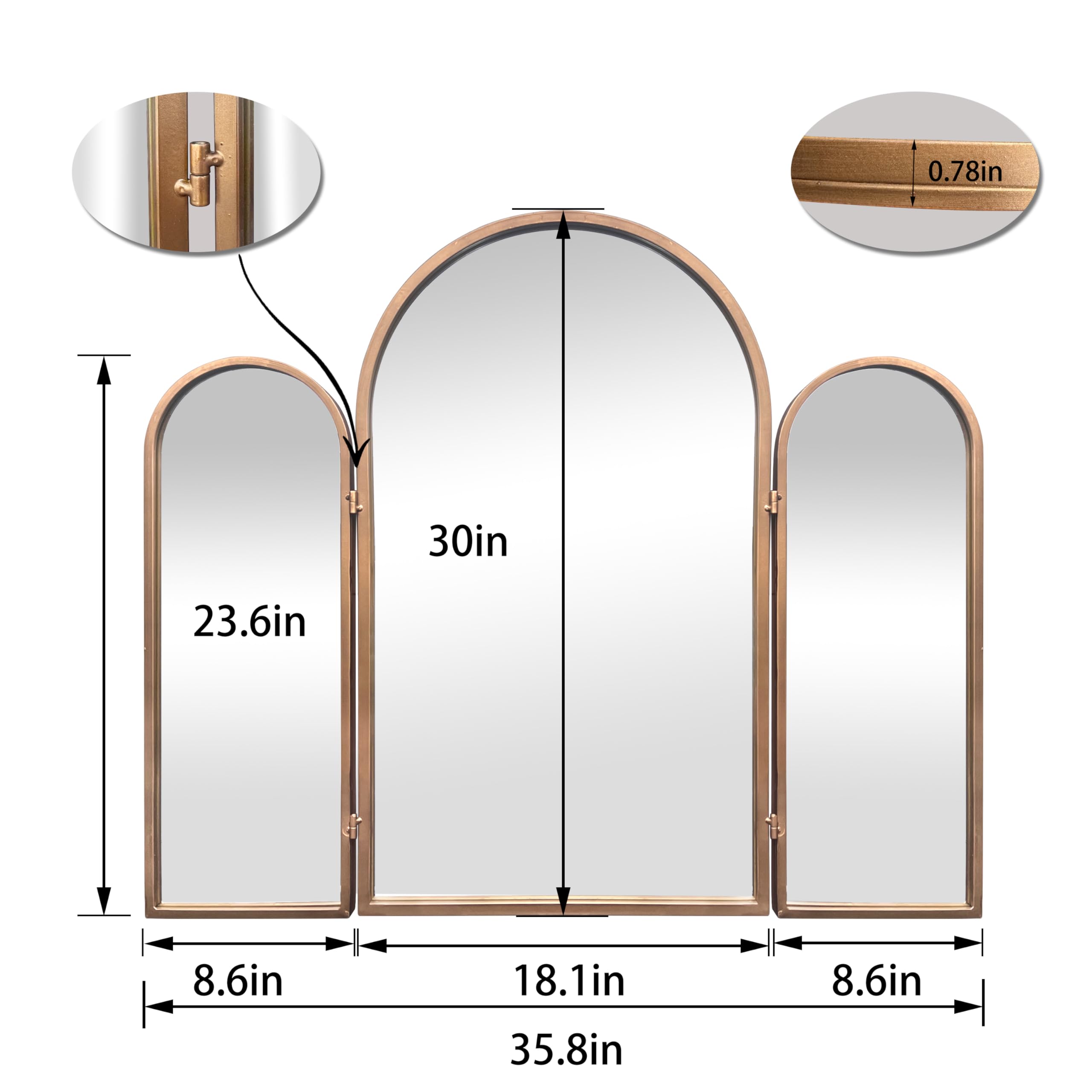 Trifold Vanity Mirrors 3 Way, 30 x 37in Adjustable Vanity Mirrors for Bathroom, Bedroom, Champaign Golden Arch Mirrors Wall Mounted Decoration, 360° Way