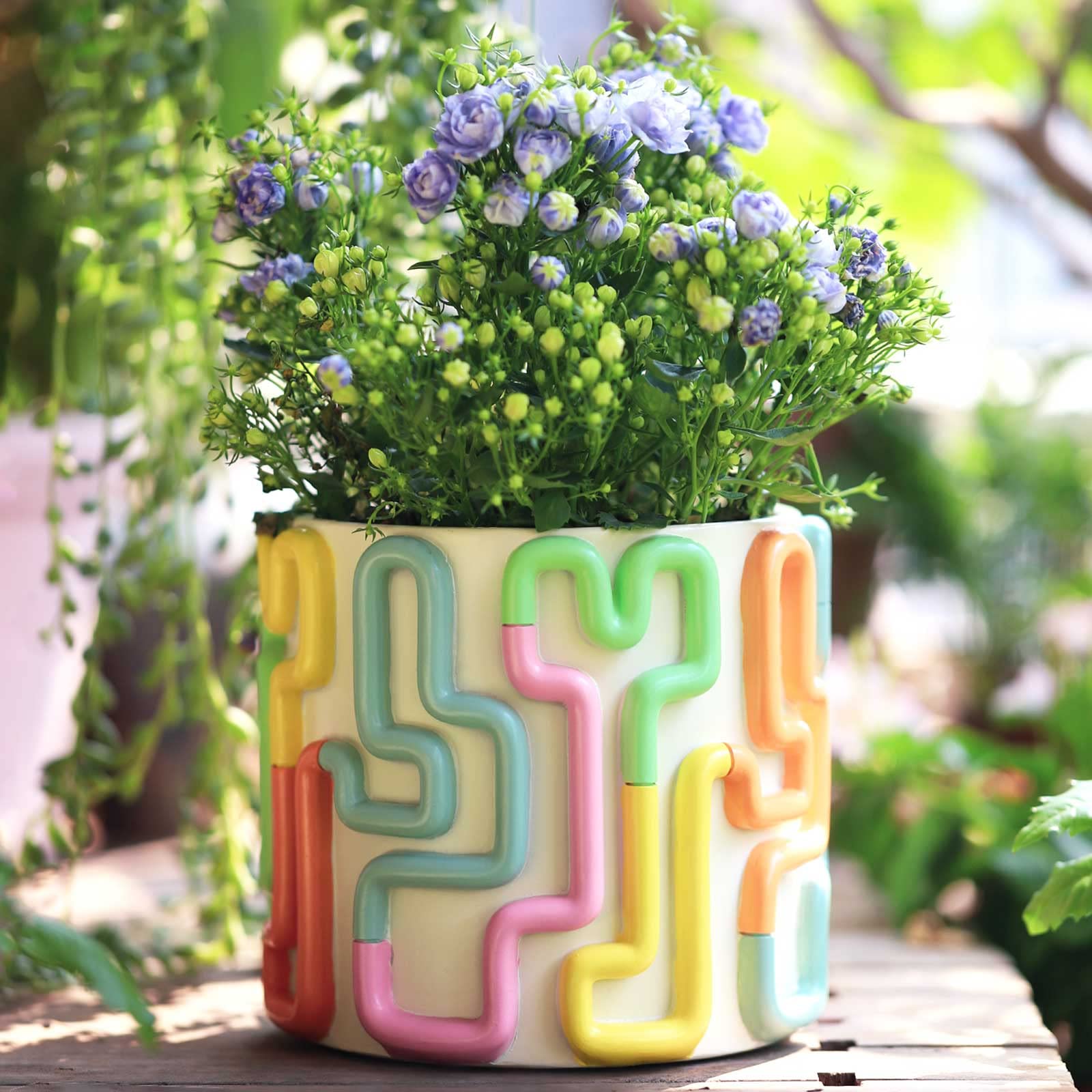 Colorful Squiggle Lines Planters Cute Unique Rainbow Planter with Drainage, Vintage Retro Flower Plant pots for Indoor & Outdoor Plants, Eclectic Succulent Gardening Pot for Boho Modern Décor