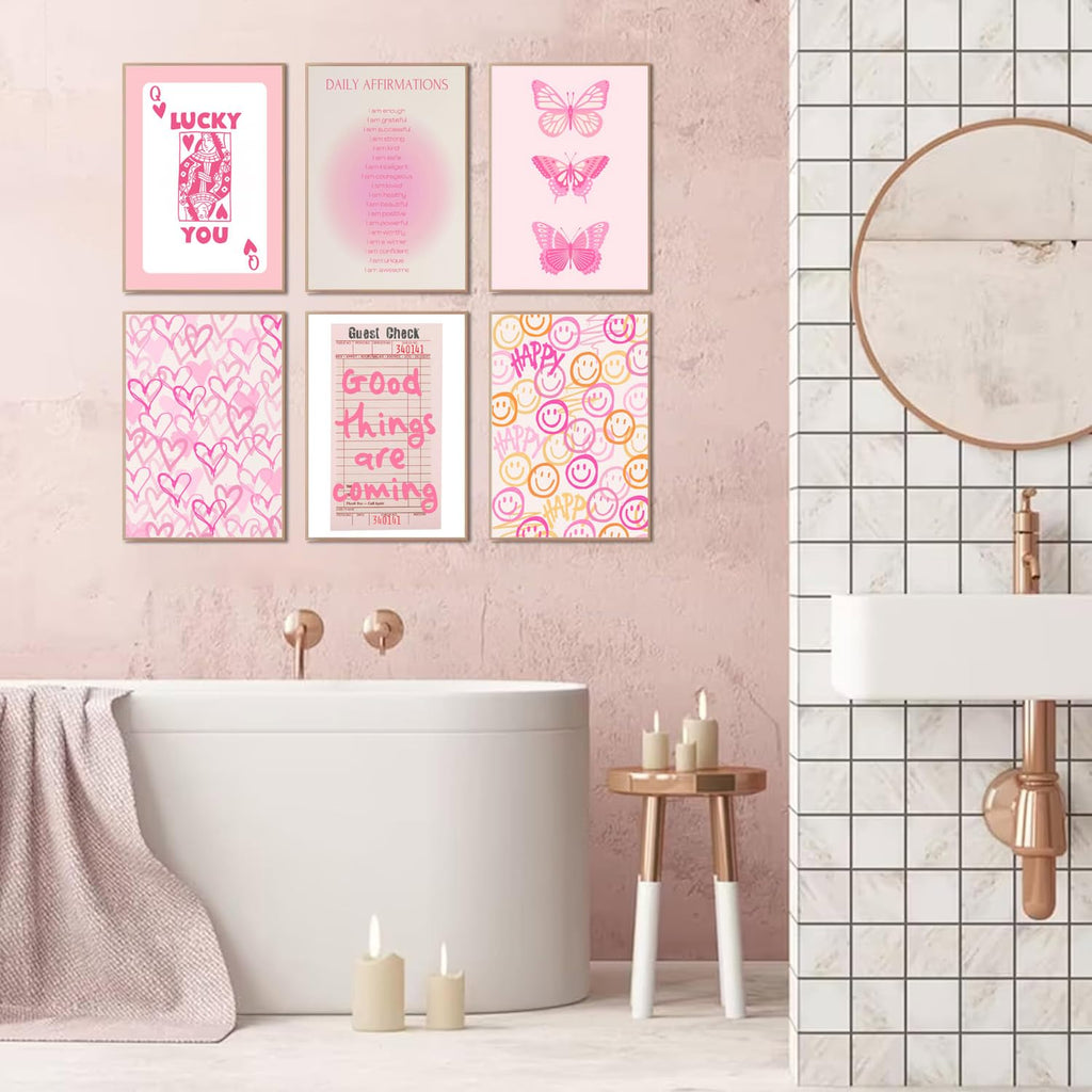 Pink and Orange Preppy Wall Art Queen Poker Halo Angel Digital Poster Tiger Heart You Look Good Yk2 Print Fashion Preppy Canvas Unframed Size: 8x10 inches 6 Pieces