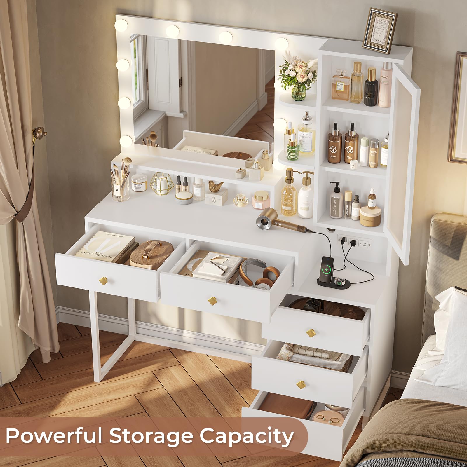 Vanity Desk with Mirror and Lights & Charging Station, White Vanity Table with 5 Storage Drawer & Glass Door & 3 Shelves