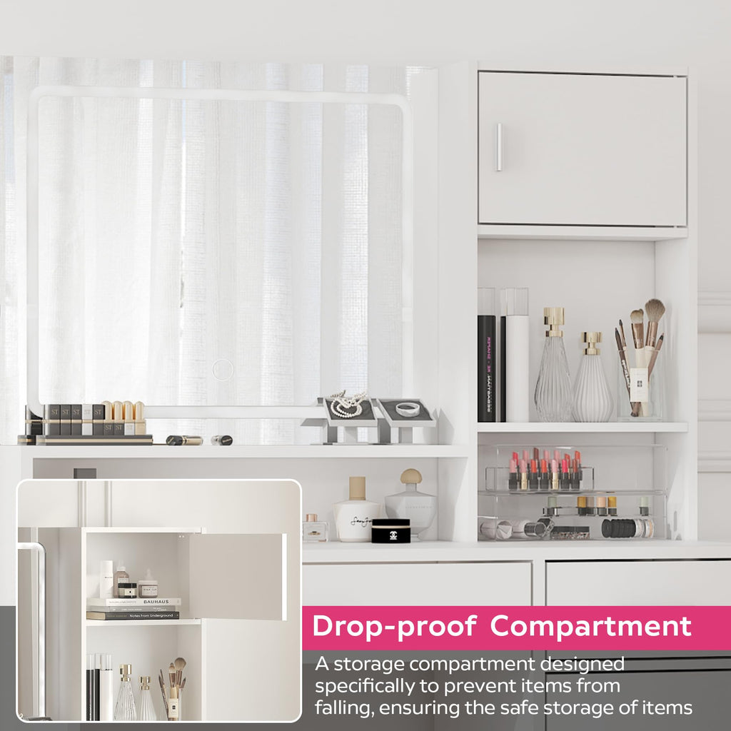 Vanity Desk with Mirror and LED Light Strip,Dressing Table with Large Drawer, 3 Level Storage Dresser & 3 Lighting Modes Adjustable Brightness