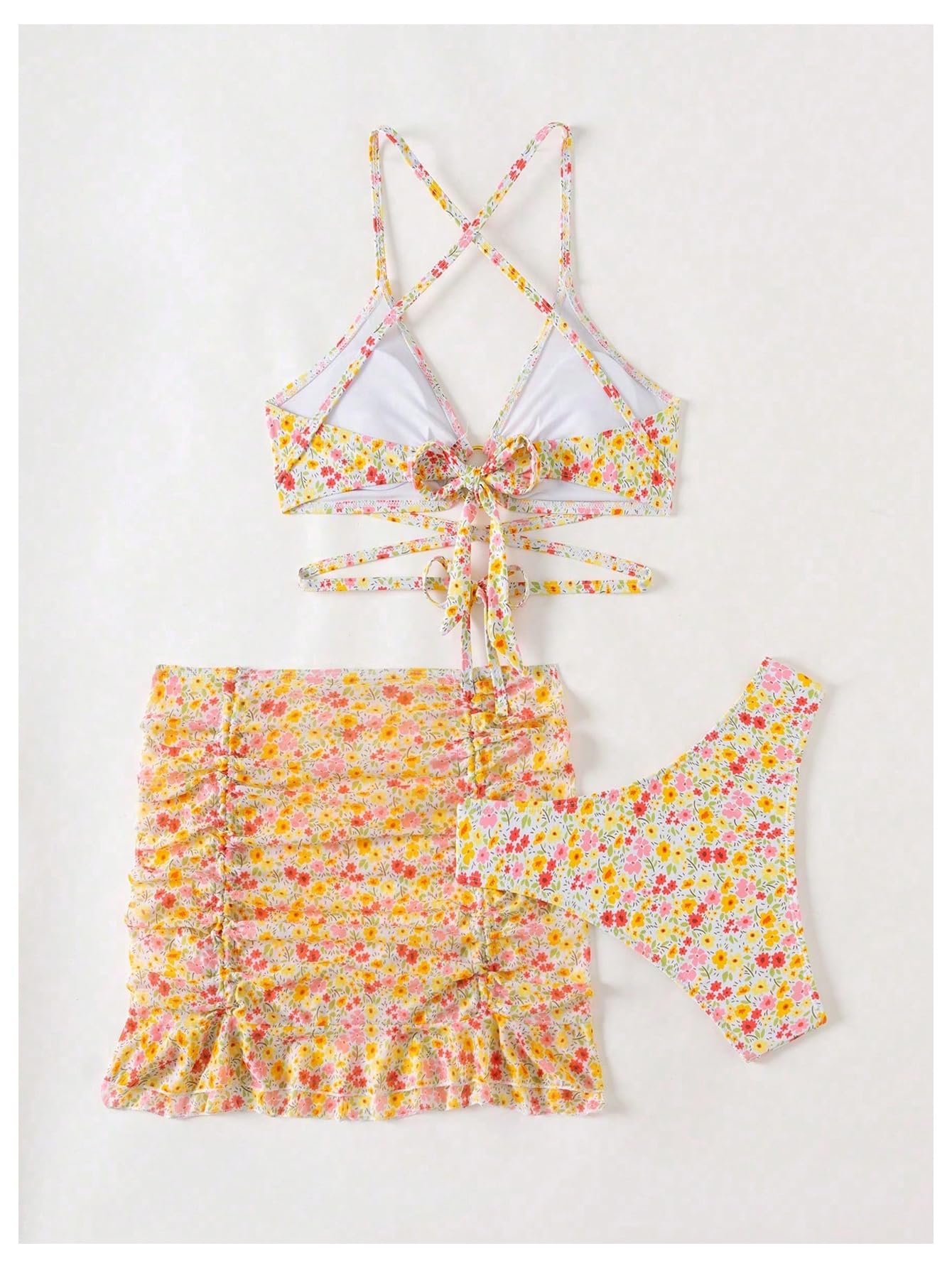 Women's 3 Piece Swimsuits Floral Criss Cross Halter Thong Bikini Sets Bathing Suit with Cover Up Ruffle Skirts