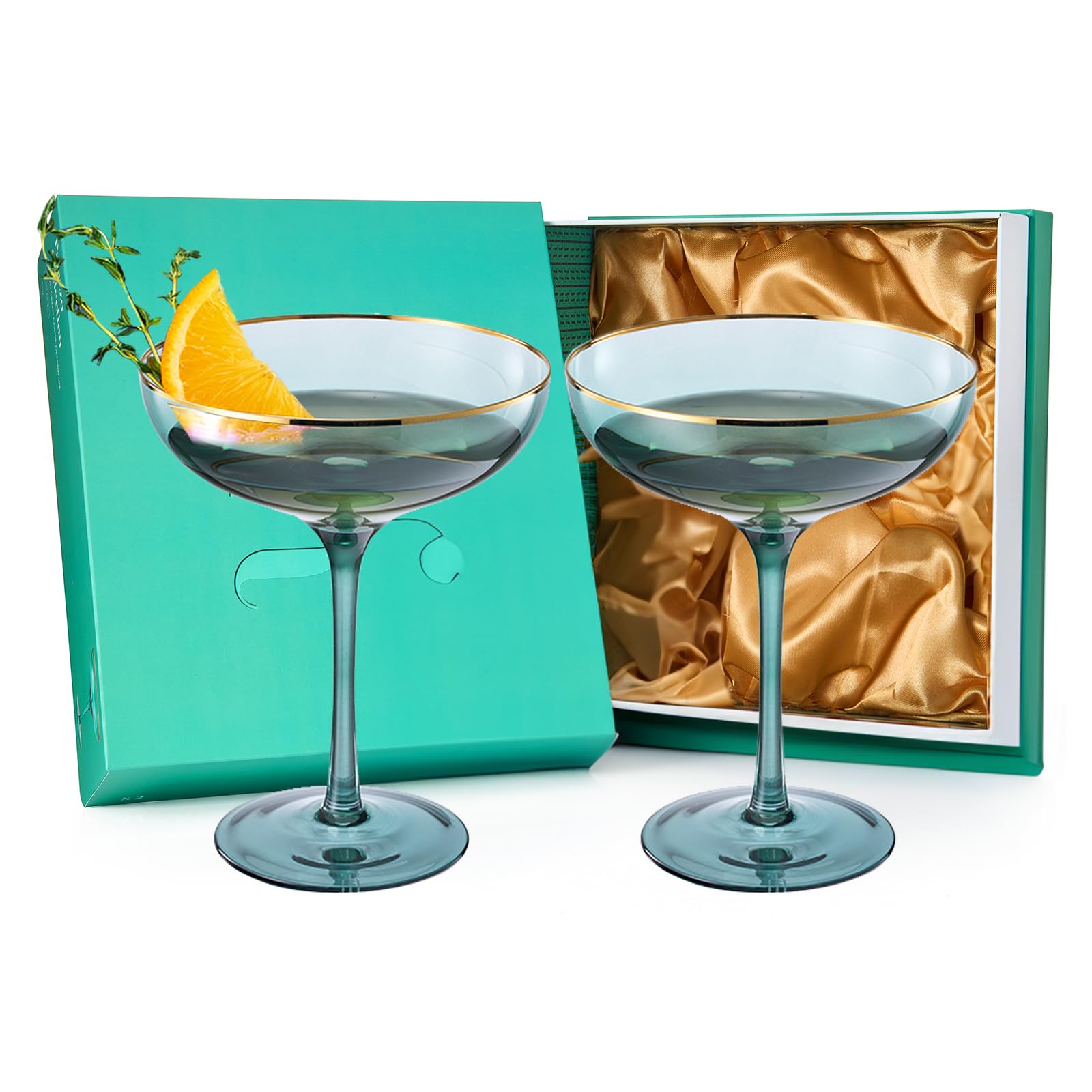 Colored Sunset Rim Coupe Glass, 9oz Cocktail & Champagne Glasses 2-Set Vibrant Color Gold Vintage Tumblers, Margarita, Glassware