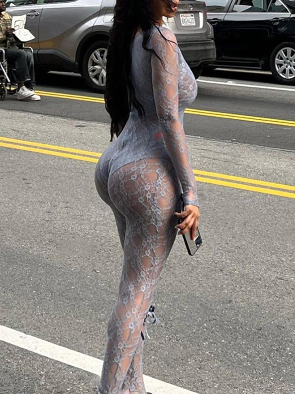 Sexy Sheer Outfits for Women Lace Long Sleeve U Neck Bodycon Jumpsuit Streetwear Rompers
