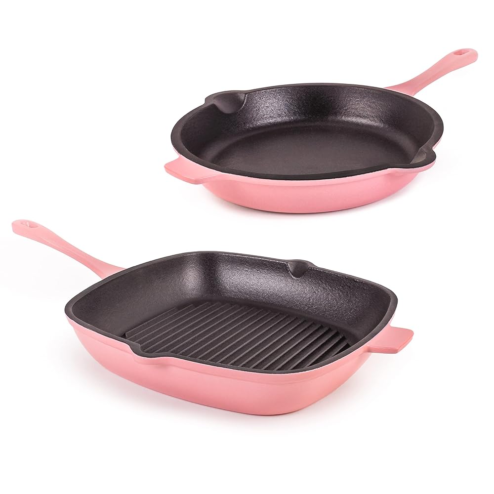 Pink Enameled Cast Iron Cookware Set, Grill Pan 11 Hes, Fry Pan 10 Hes, Oven Safe Up To 400°F, 2Pc