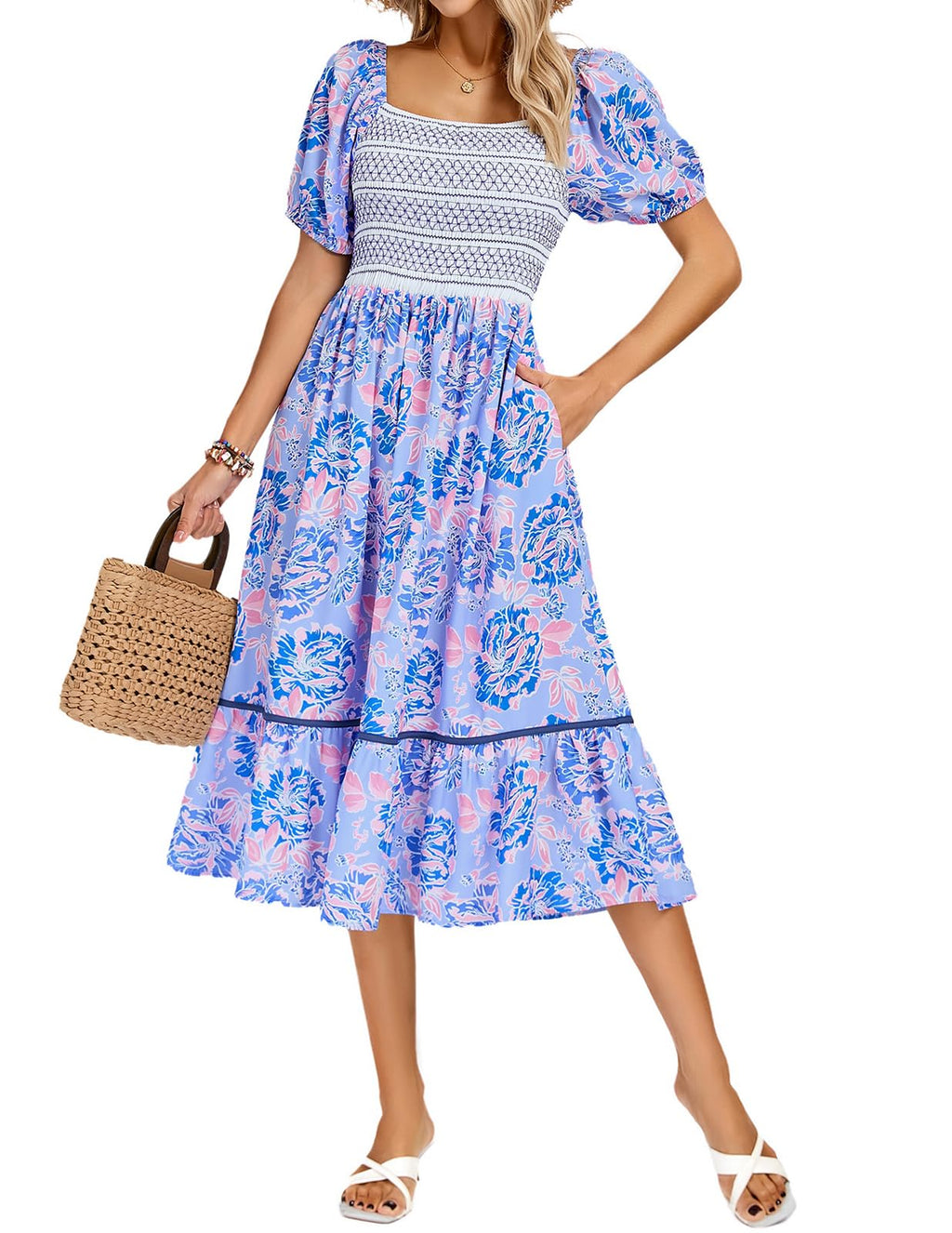 Kate Kasin Women's Summer Floral Boho Dresses Casual Square Neck Smocked Flowy Tiered Beach Midi Dress with Pockets