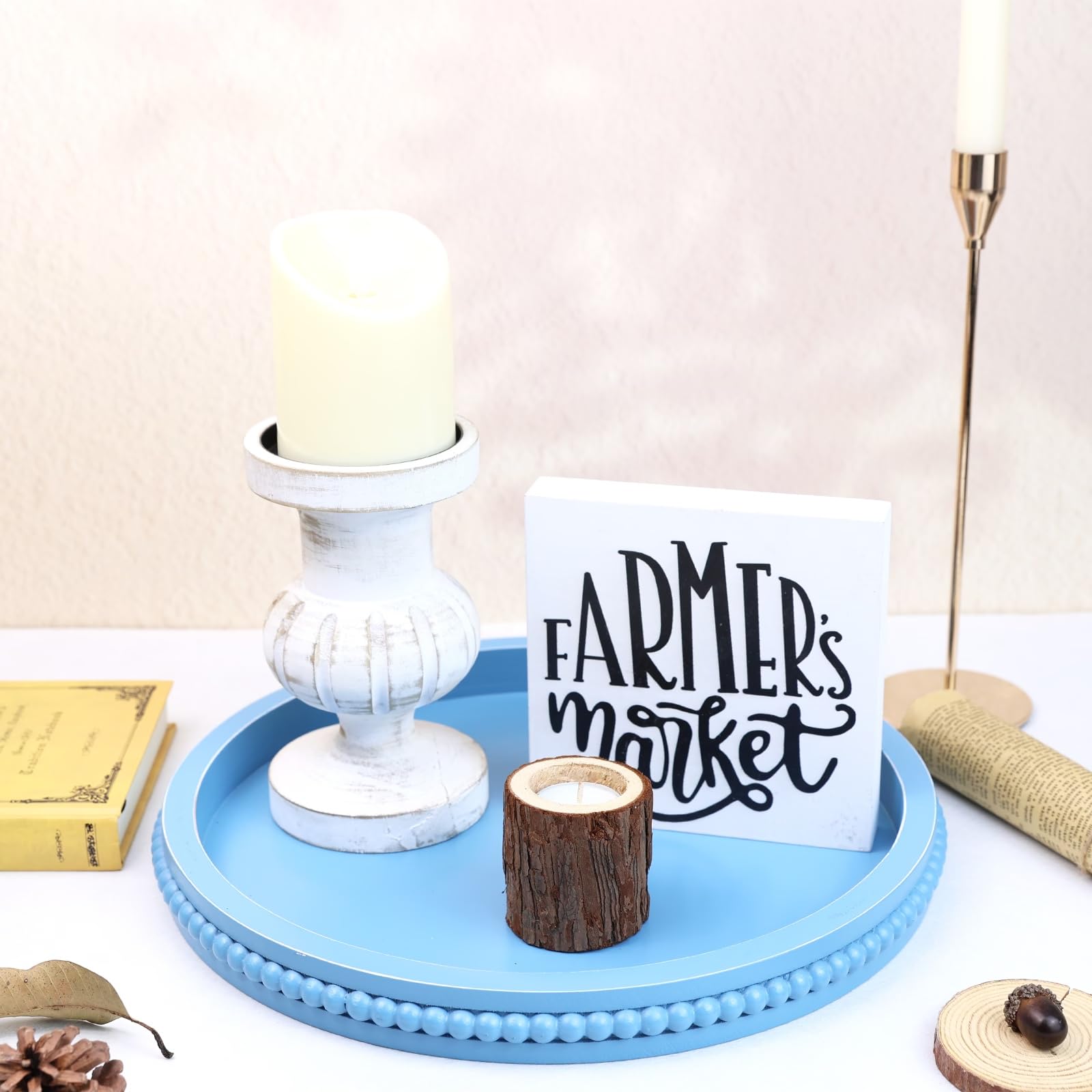 Round Wood Decorative Ottoman Tray for Coffee Table Kitchen Counter, Living Room, Handcrafted Wooden Serving Tray for Table Centerpiece