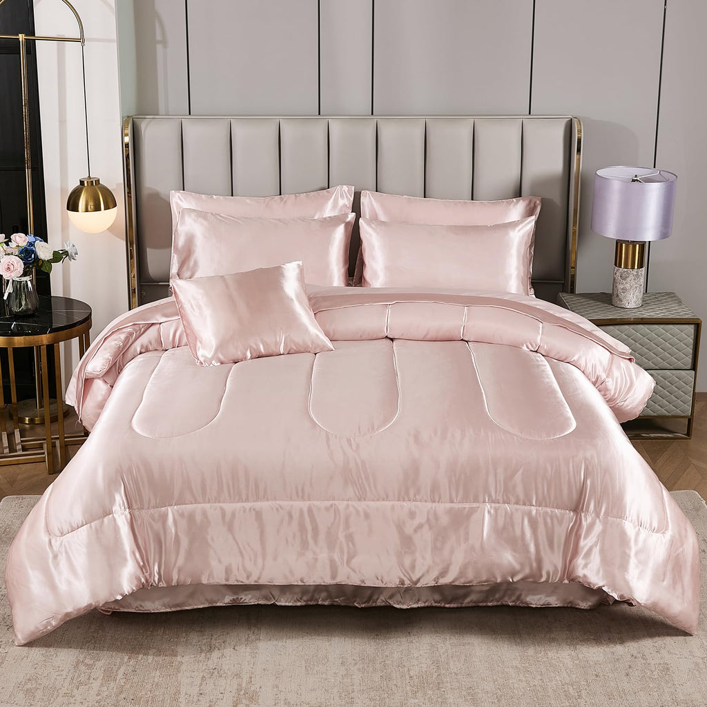 Satin Comforter Set with Sheet Set Full Silk Like Hot Pink Bed in a Bag Luxury Silky Bedding with 1 Comforter, 1 Flat Sheet, 1 Fitted Sheet, 4 Pillowcases, 1 Cushion Cover (Full, Hot Pink)