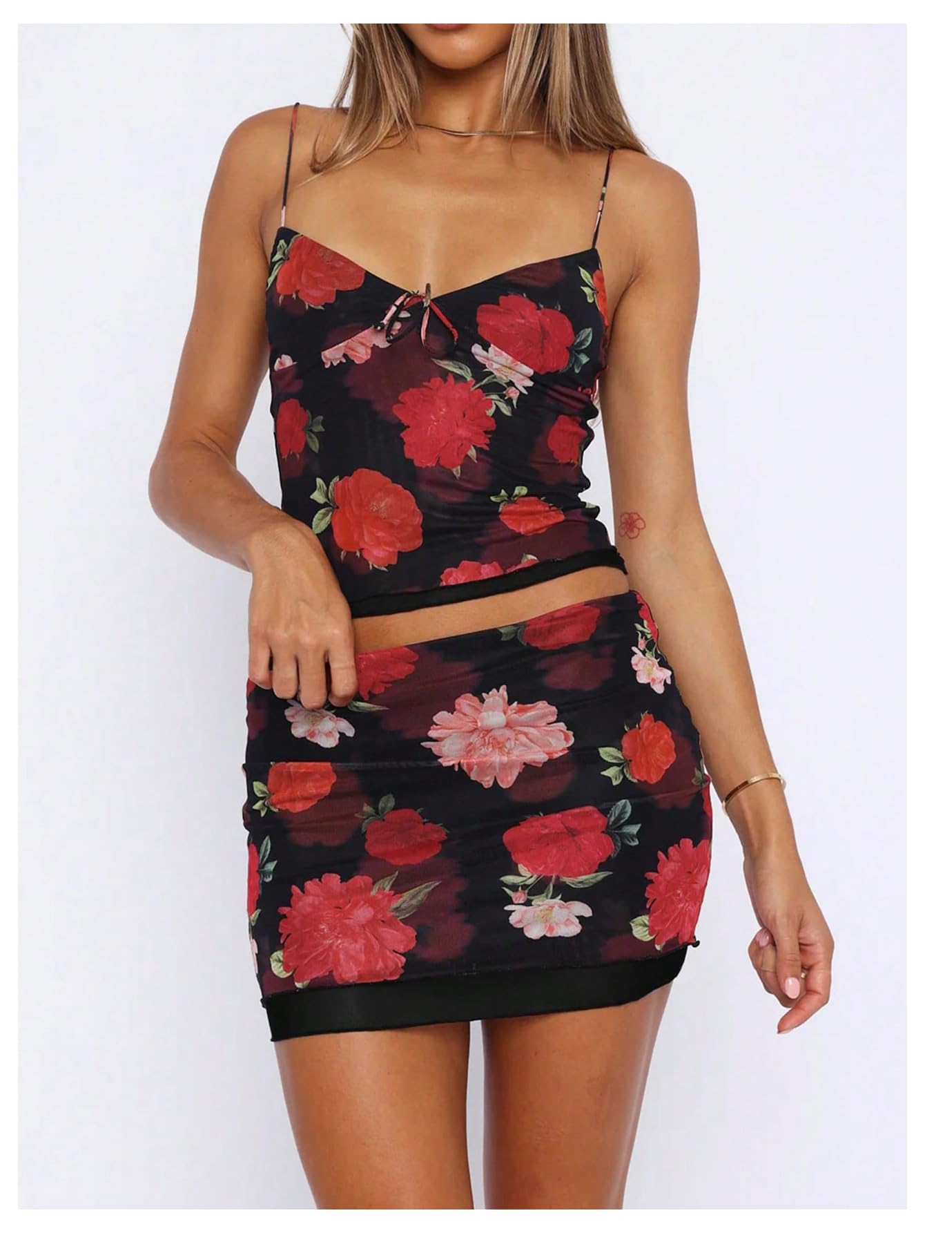 Women's Summer Mesh Mini Skirt Sets 2 Piece Sexy Crop Camisole Tops Skirts Y2K Suit Going Out Outfits