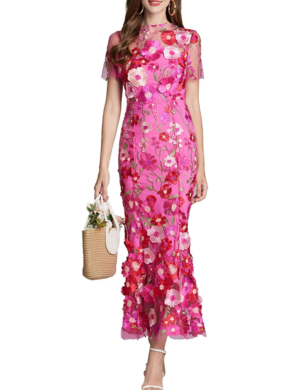 Women's 3D Floral Embroidery Dress Sheer Mesh Round Neck Lace Bodycon Party Cocktail Maxi Dress Short Sleeves