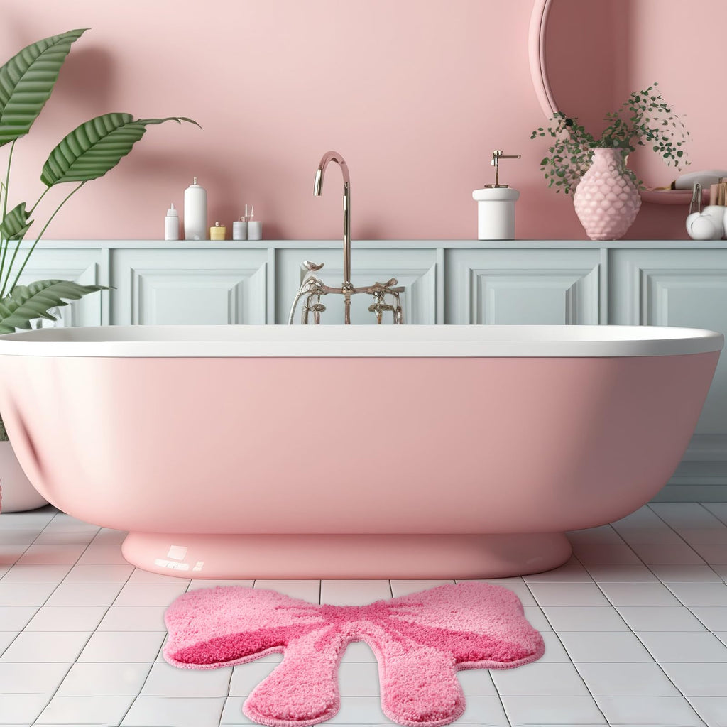 Pink Bow Bathroom Rugs Coquette Preppy Cute Bow Shaped Bath Mats Home Decor Non Slip Soft Plush Absorbent Washable Carpet, 19. 7" x 18. 5" 2 Pcs