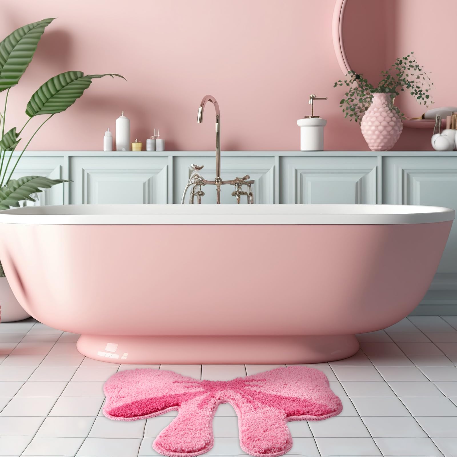 Pink Bow Bathroom Rugs Coquette Preppy Cute Bow Shaped Bath Mats Home Decor Non Slip Soft Plush Absorbent Washable Carpet, 19. 7" x 18. 5" 2 Pcs
