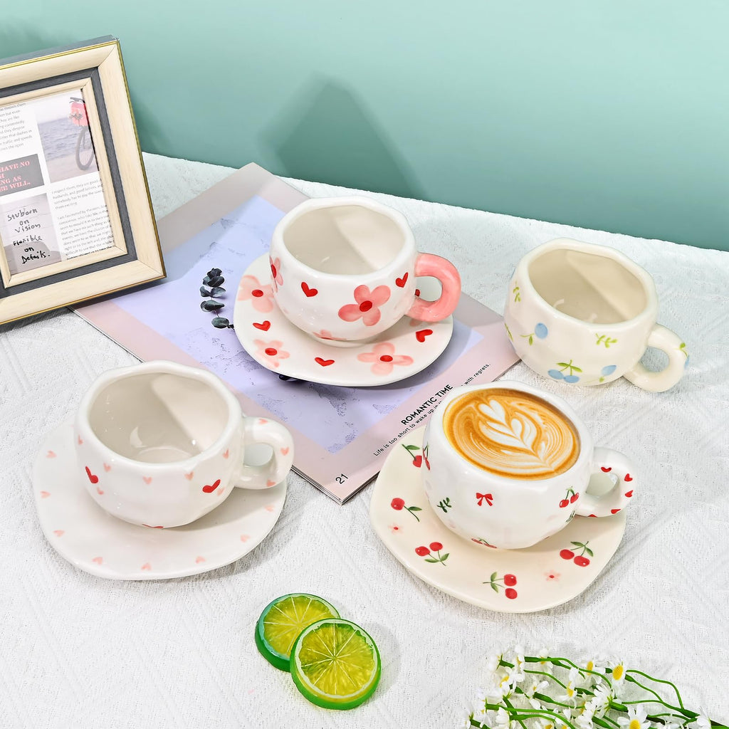 Ceramic Coffee Mug with Saucer Set, Cute Creative Cup Unique Irregular Design, 10 oz/300 ml