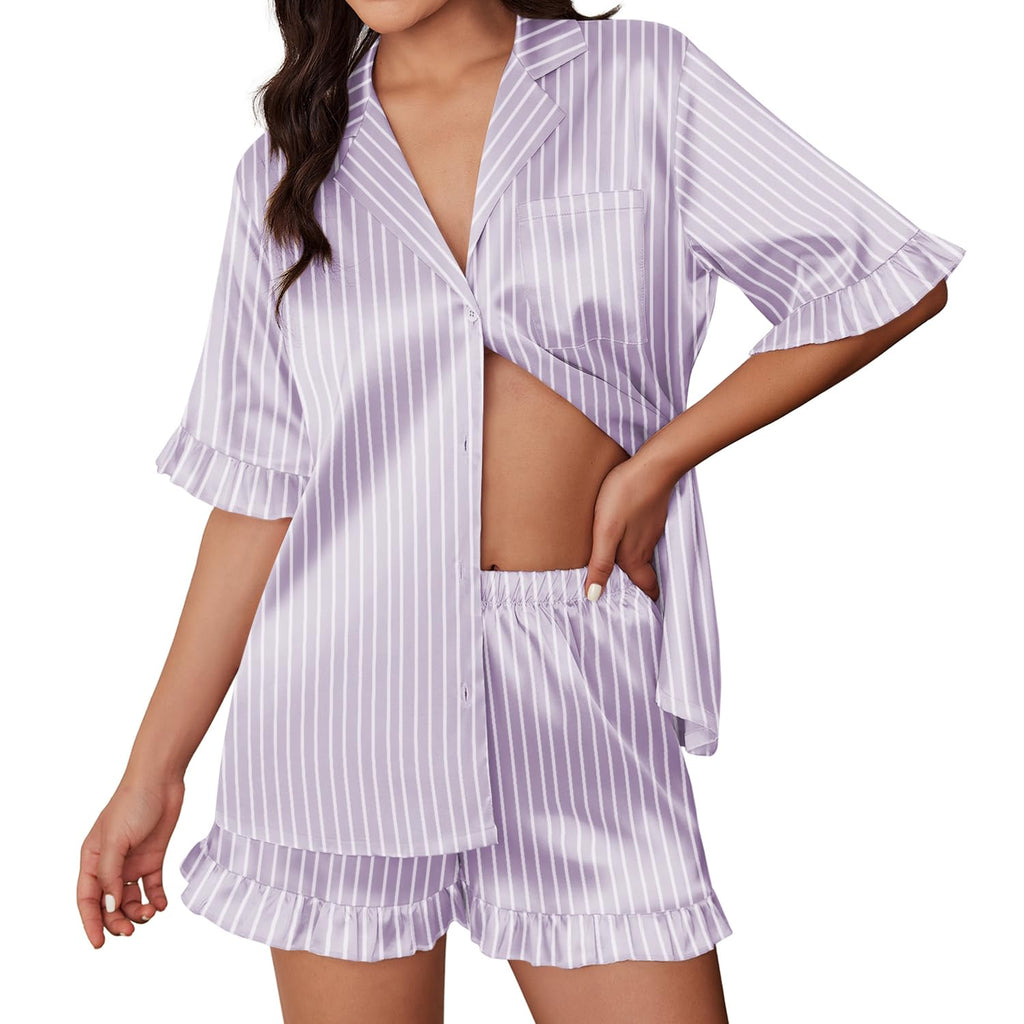 Womens Satin Pajamas Cute Ruffle Sleeve Printed Sleepwear Button Down Silk Pjs Set