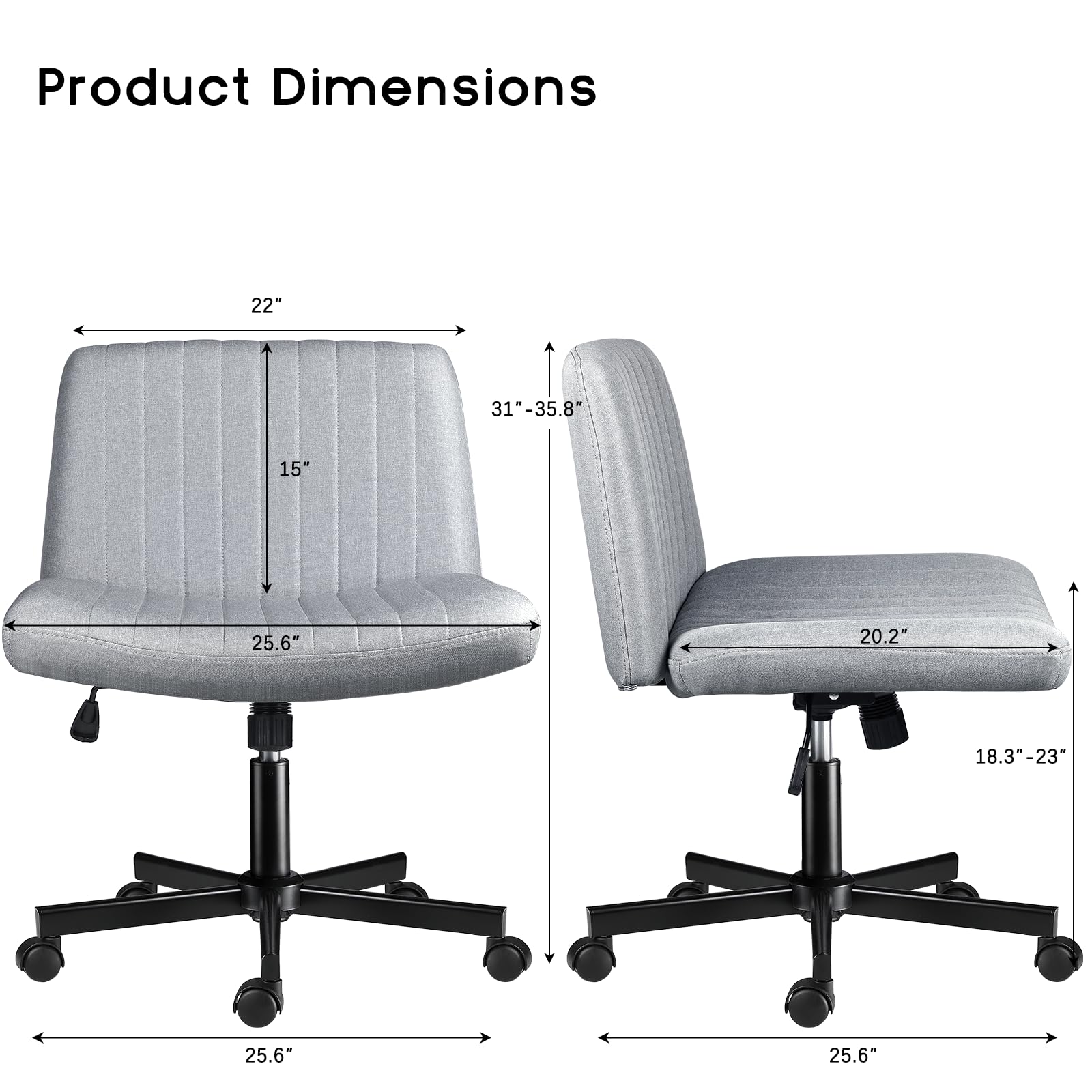 Criss Cross Chair, Armless Cross Legged Office Desk Chair No Wheels, Fabric Padded Modern Swivel Height Adjustable Mid Back Wide Seat