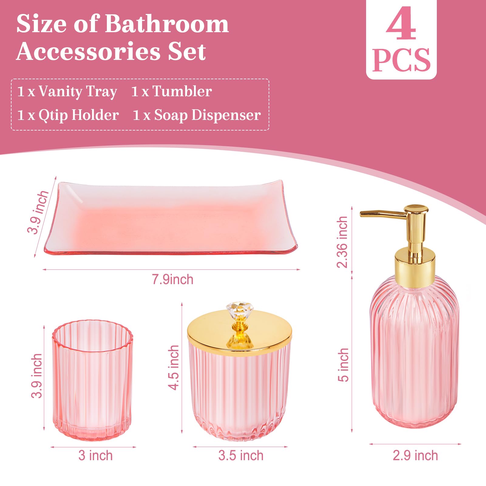Glass Bathroom Accessories Set 4PCS Bathroom Accessories Set with Soap Dispenser Toothbrush Holder Qtip Holder & Vanity Tray