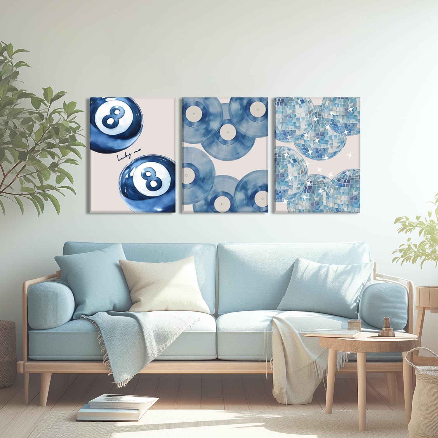 Trendy Blue Wall Art Set of 3, Preppy Navy Blue Wall Decor, Coquette Disco Lucky Me 8 Ball Poster Canvas Prints Aesthetic Pictures Room Dorm