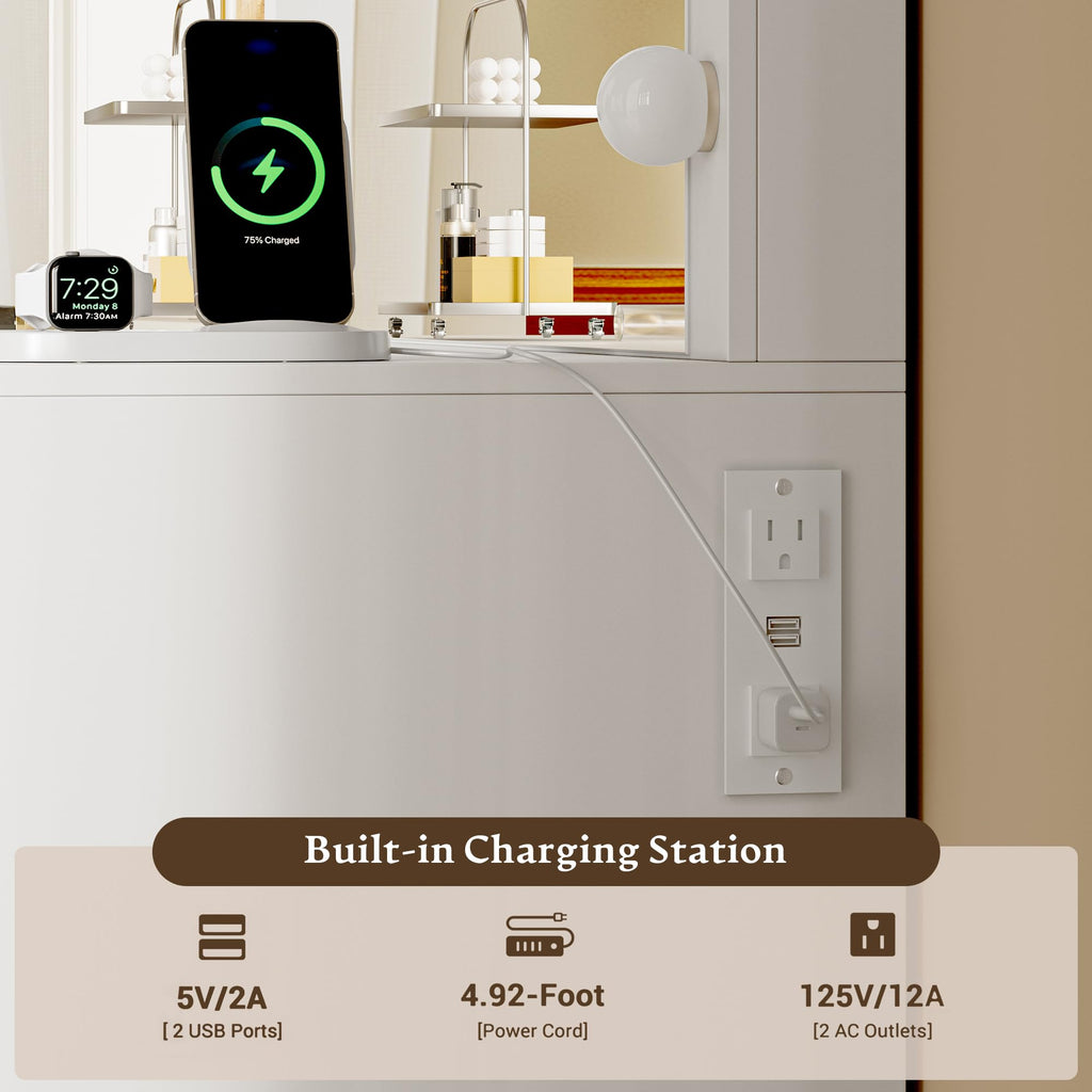 Makeup Vanity Desk with Mirror, Fluted Panel, Large LED Mirror, 3 Lighting Modes & Adjustable Brightness, Charging Station, Dressing Table with Stool