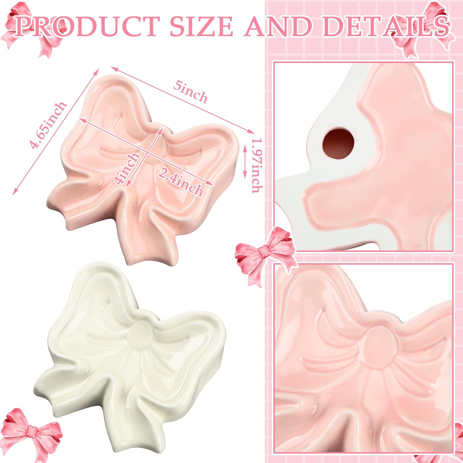 Coquette Bow Soap Dish Draining Soap Box Ceramic Cute White and Pink Bowtie Trinket Tray Bowknot Bathroom Countertop Accessories