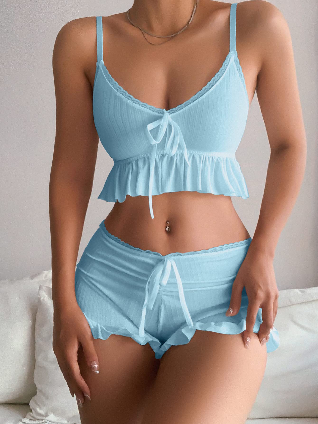 Women's 2 Piece Lingerie Set Pajama Sets Ruffle Trim Tie Front Cami Top and Shorts Sleepwear