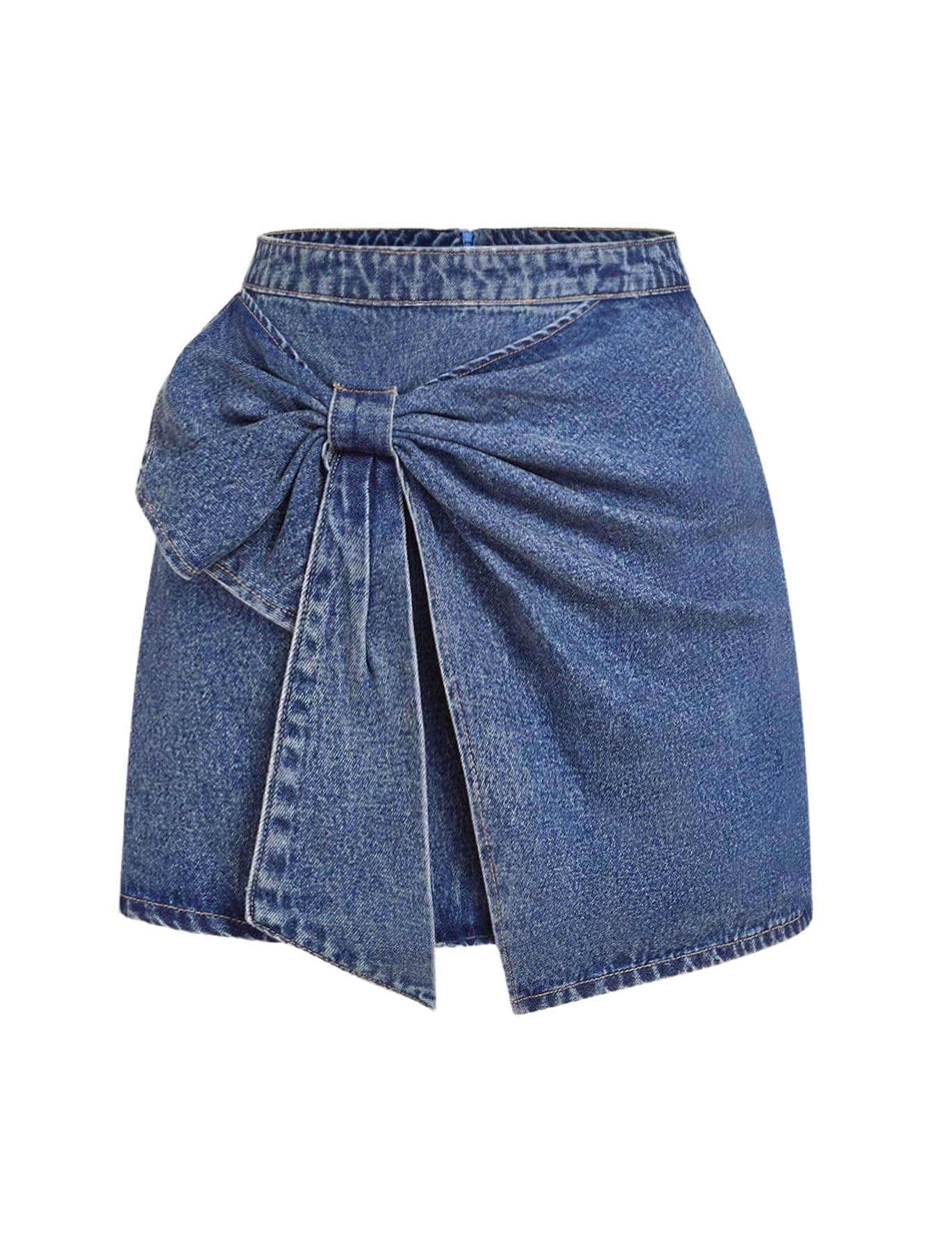 Women's High Waisted Big Bow Wrap Front Mini Bodycon Denim Skirts