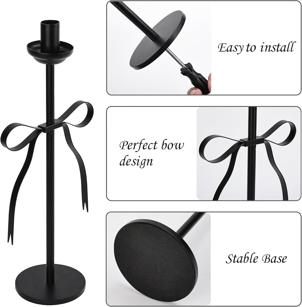 Elegant Black Taper Candlestick Holders, Set of 2 Bow Candle Stick Holders