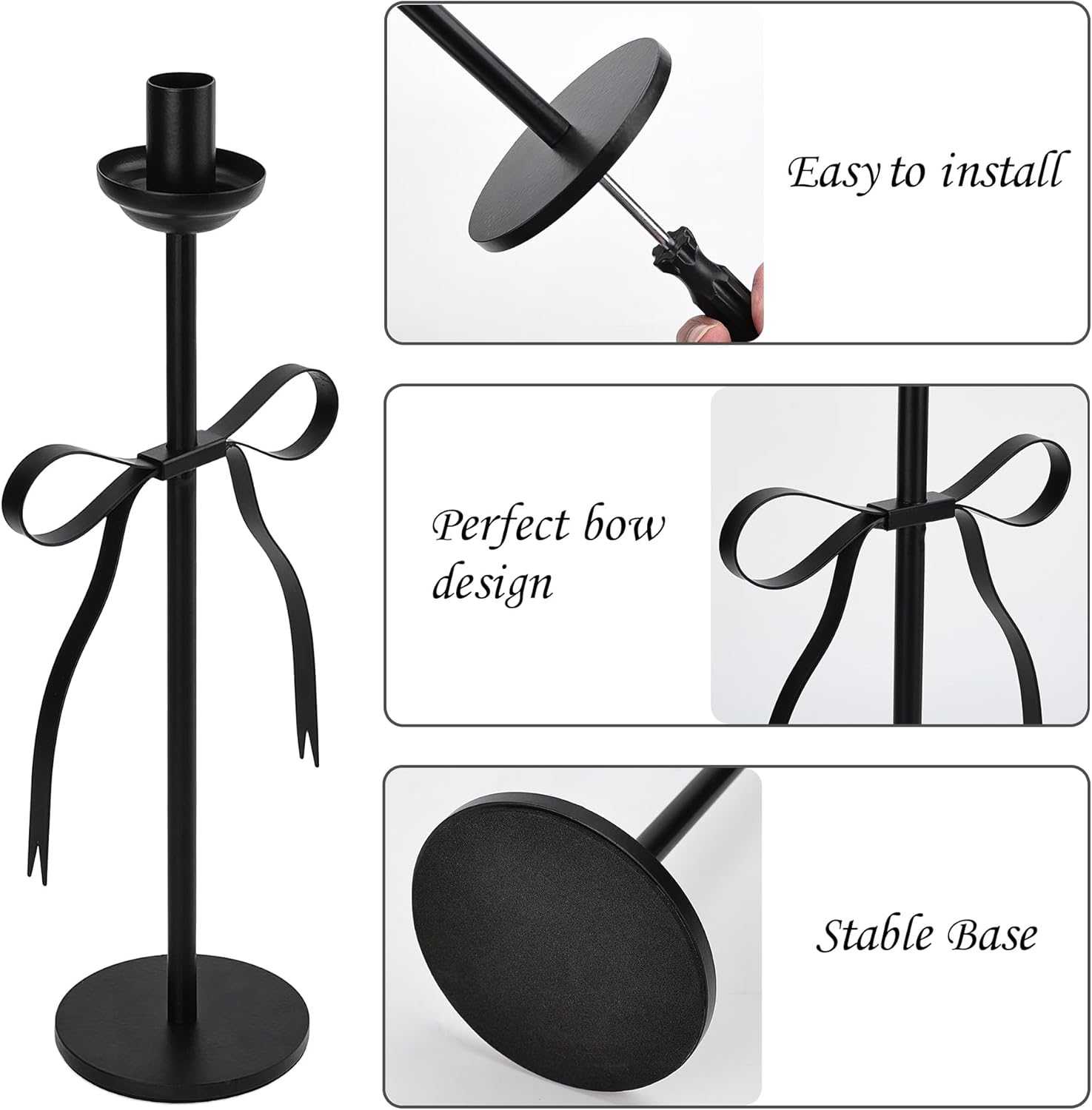 Elegant Black Taper Candlestick Holders, Set of 2 Bow Candle Stick Holders
