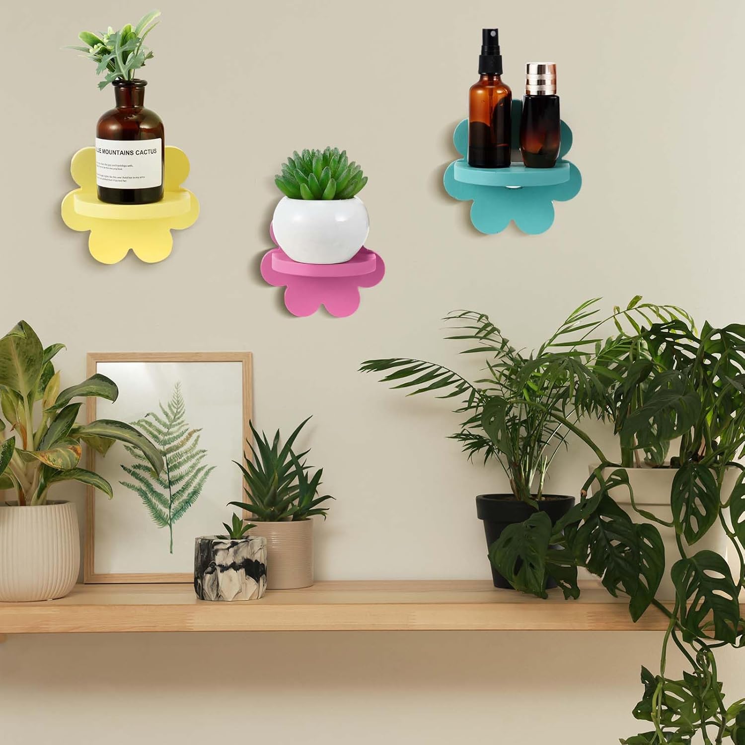 Set of 3 Daisy Flower Floating Shelves â€?Kawaii Boho Wall Decor for Bedroom, Bathroom, Living Room, and Nursery in Yellow, Pink, and Green