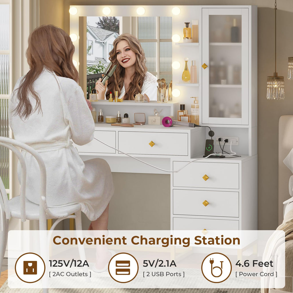 Vanity Desk with Mirror and Lights & Charging Station, White Vanity Table with 5 Storage Drawer & Glass Door & 3 Shelves