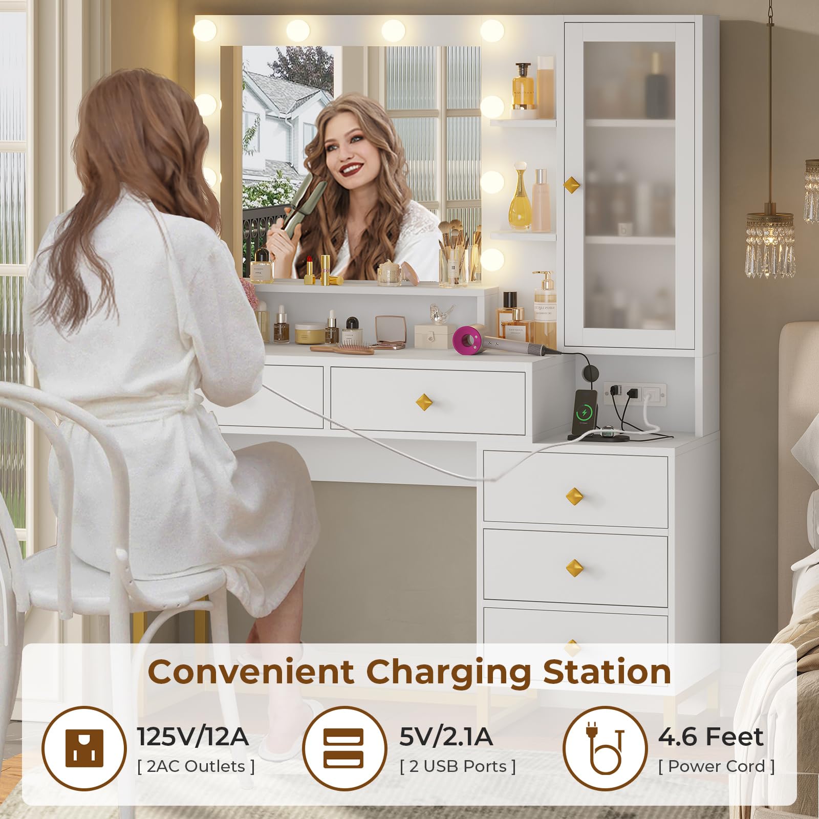 Vanity Desk with Mirror and Lights & Charging Station, White Vanity Table with 5 Storage Drawer & Glass Door & 3 Shelves