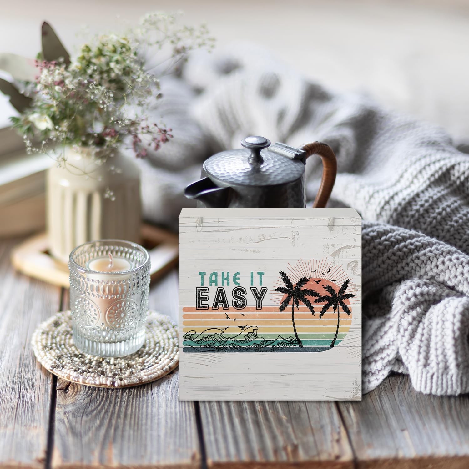 Coquette Pink Bow Champagne Wooden Box Sign, 5x5 Inch