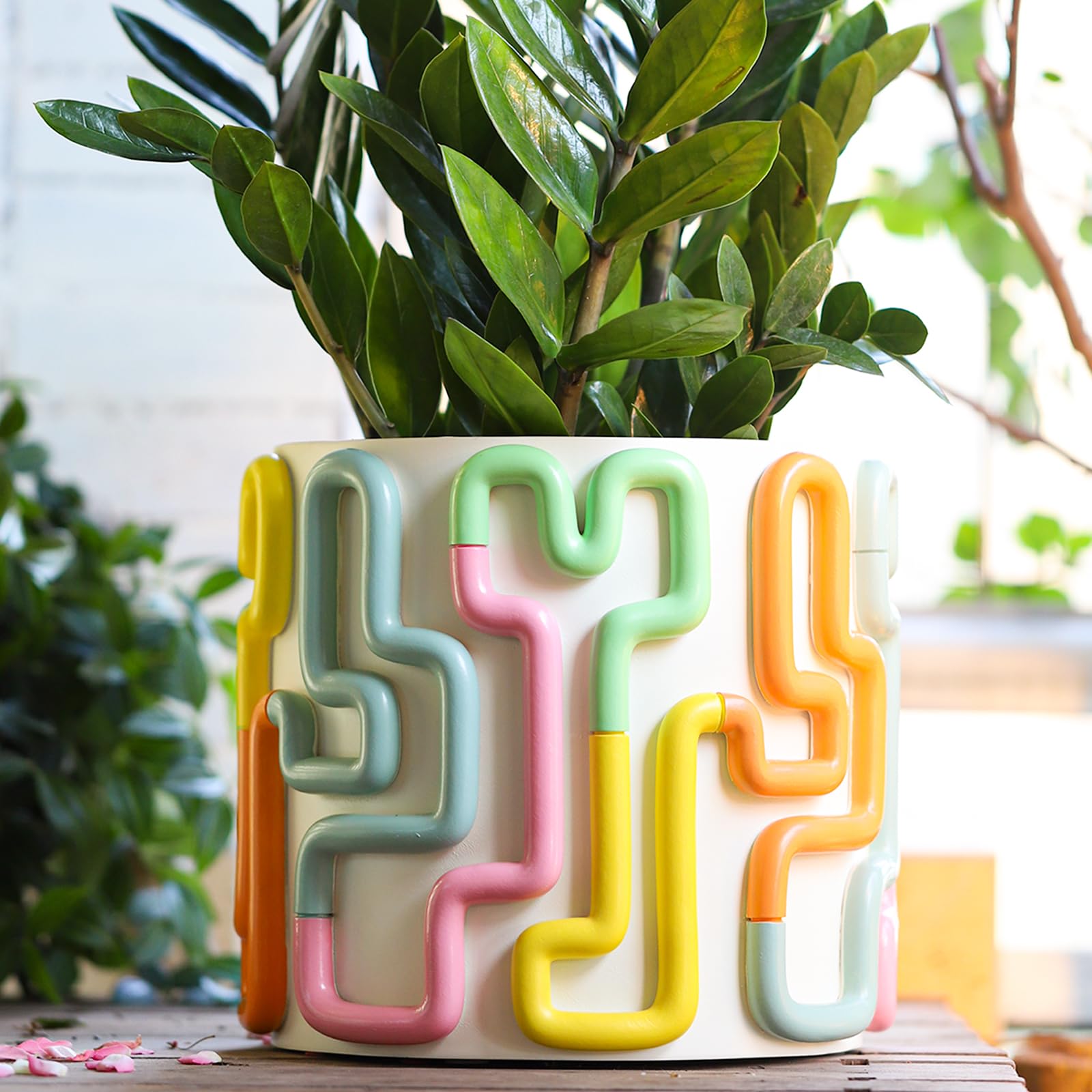 Colorful Squiggle Lines Planters Cute Unique Rainbow Planter with Drainage, Vintage Retro Flower Plant pots for Indoor & Outdoor Plants, Eclectic Succulent Gardening Pot for Boho Modern Décor
