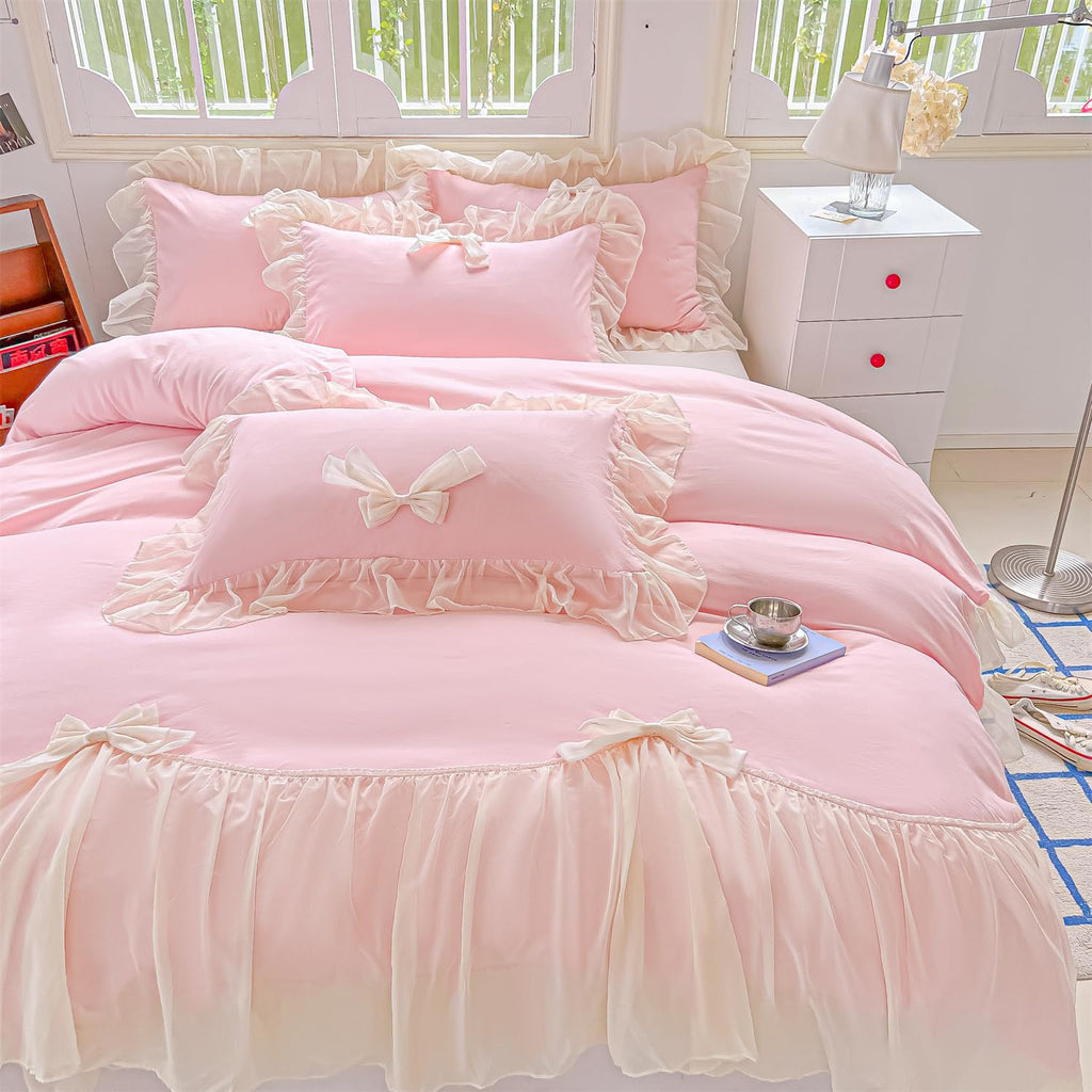Girls Lace Bedding,Queen Comforter Cover Set, Chic Ruffled Duvet Cover with Lovely Bow,Princess Style 1 Duvet Cover with 2 Pillowcases, No Comforter-Hot Pink,Full Size