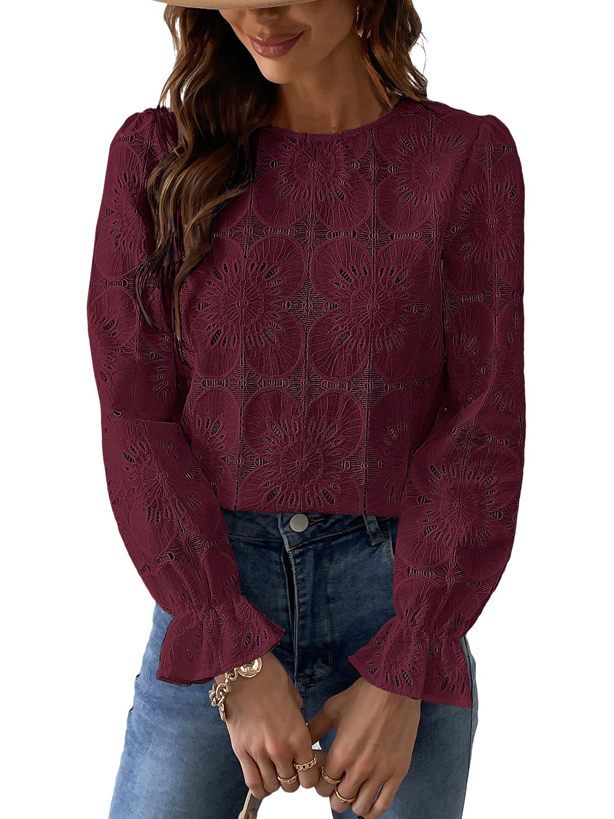 Women Eyelet Long Sleeve - Dressy Hollow Out Crochet Lace Embroidered Blouse