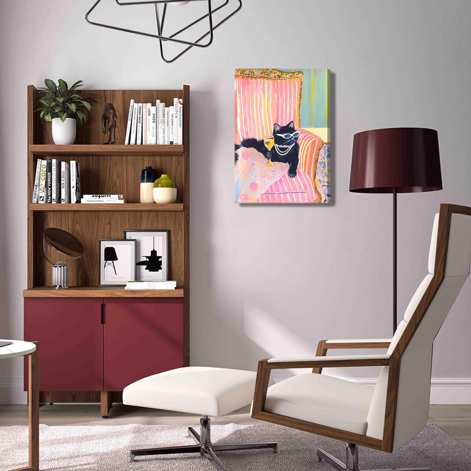 Pink Black Cat With Martini Canvas Wall Art Pink Dopamine Bar Cart Wall Decor Eclectic Coquette Aesthetic Poster Print