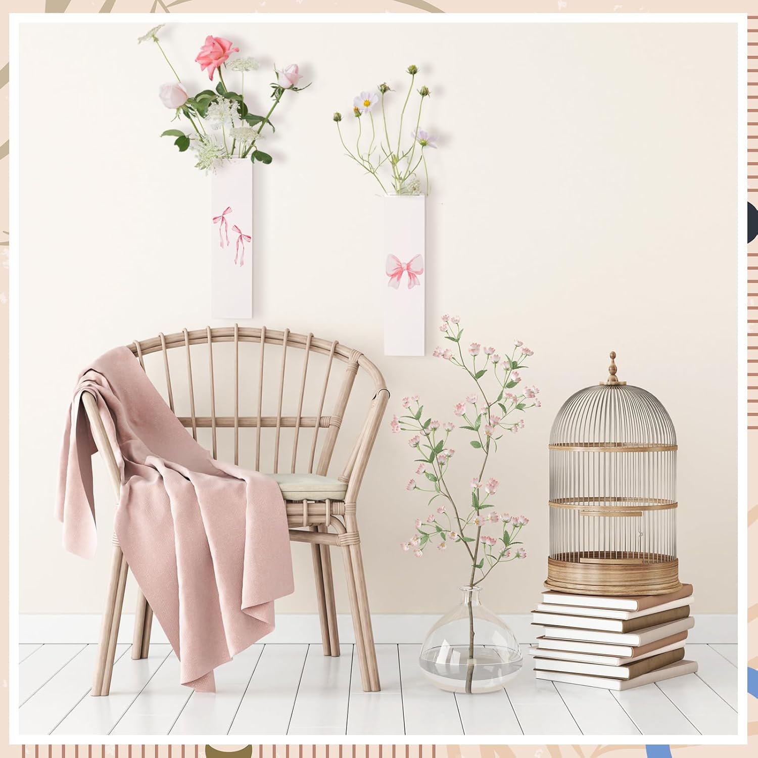 Pink Bow Vase Wood Wall Art Decor Coquette Wall Planter for Flowers Hanging Pocket  3 Pack