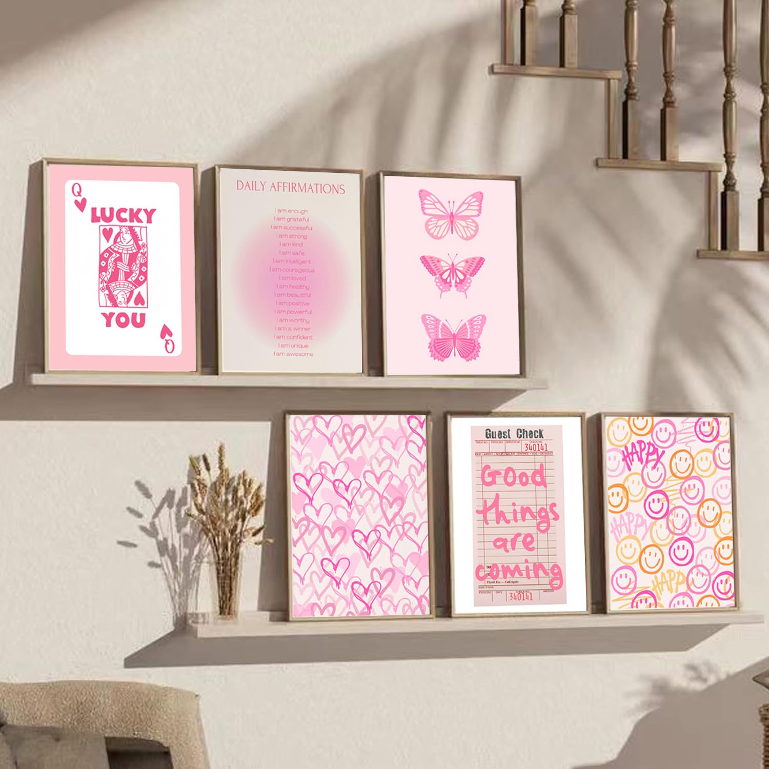 Pink and Orange Preppy Wall Art Queen Poker Halo Angel Digital Poster Tiger Heart You Look Good Yk2 Print Fashion Preppy Canvas Unframed Size: 8x10 inches 6 Pieces