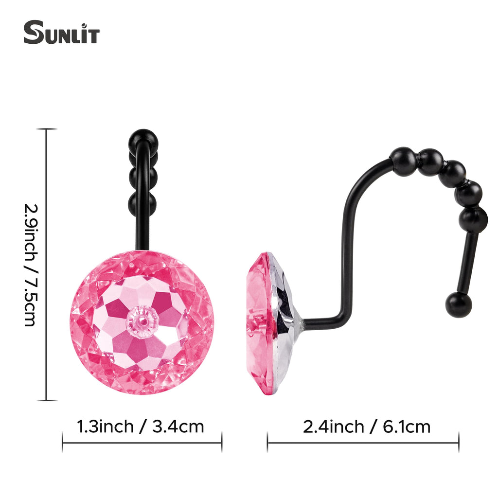 Luxury Design Round Diamond Crystal Gem Bling with Glide Balls Shower Curtain Hooks, Rust Proof Metal Rhinestones Glam Shower Curtain Rings-12 Pack